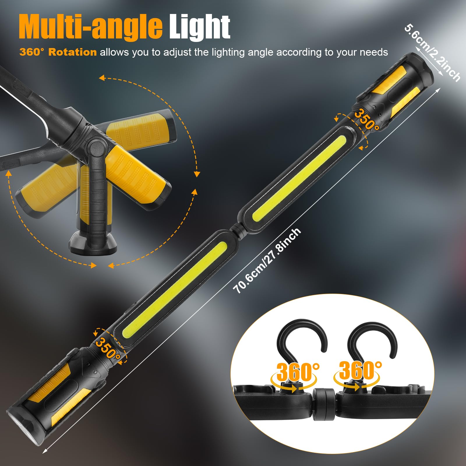 SYLSTAR Linterna Taller con Control por Sensor, 2400LM Linterna Mecanico Recargable con 3 Niveles de Brillo, 4400mAh Batería, Gancho y Base Magnética para Taller Reparación de Autos Emergencia