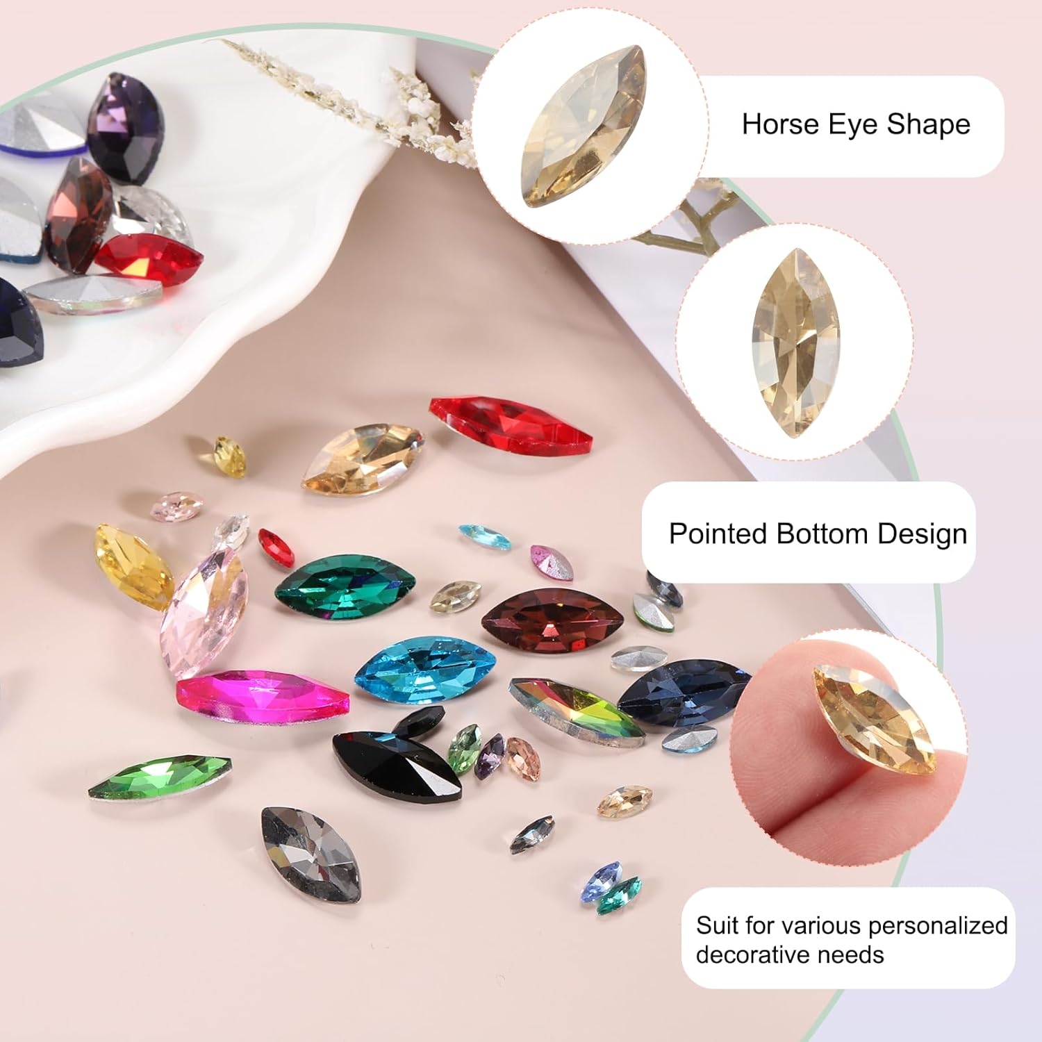 MECCANIXITY 128 Pcs Horse Eye Shape Rhinestones, 9 x 18 mm Point Back Rhinestone Beads for Jewelry Making Crafts Costume Crystal Embellishments, Champagne - Image 3