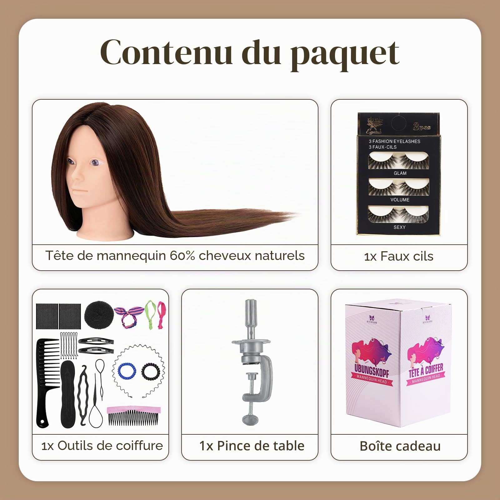 Neverland Tête de coiffure pour coiffer et maquiller 60% cheveux naturels