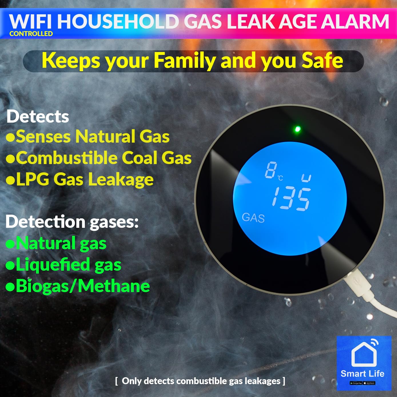 amiciSense WiFi Flammable Gas Leak Detector, SmartLife App Compatible LPG/Natural Gas Leak Alarm Sensor for Fire Security Protection 1