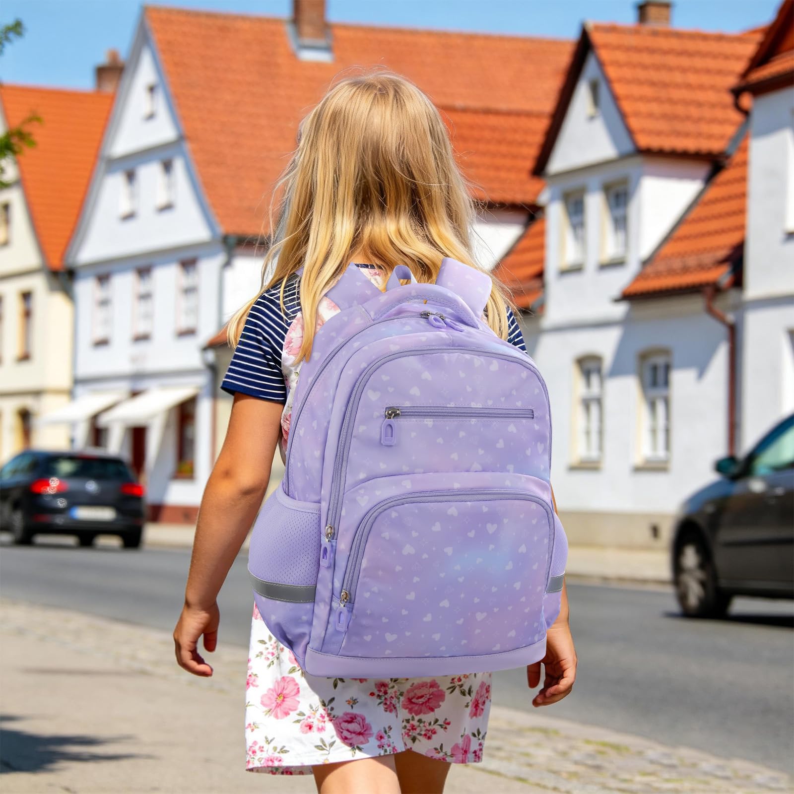 Sac a Dos Enfant Fille Garcon, 20L Cartable Primaire avec Poches, Bande réfléchissante & Boucle de poitrine pour Sports Voyage Cadeau Enfant - Dégradé Violet