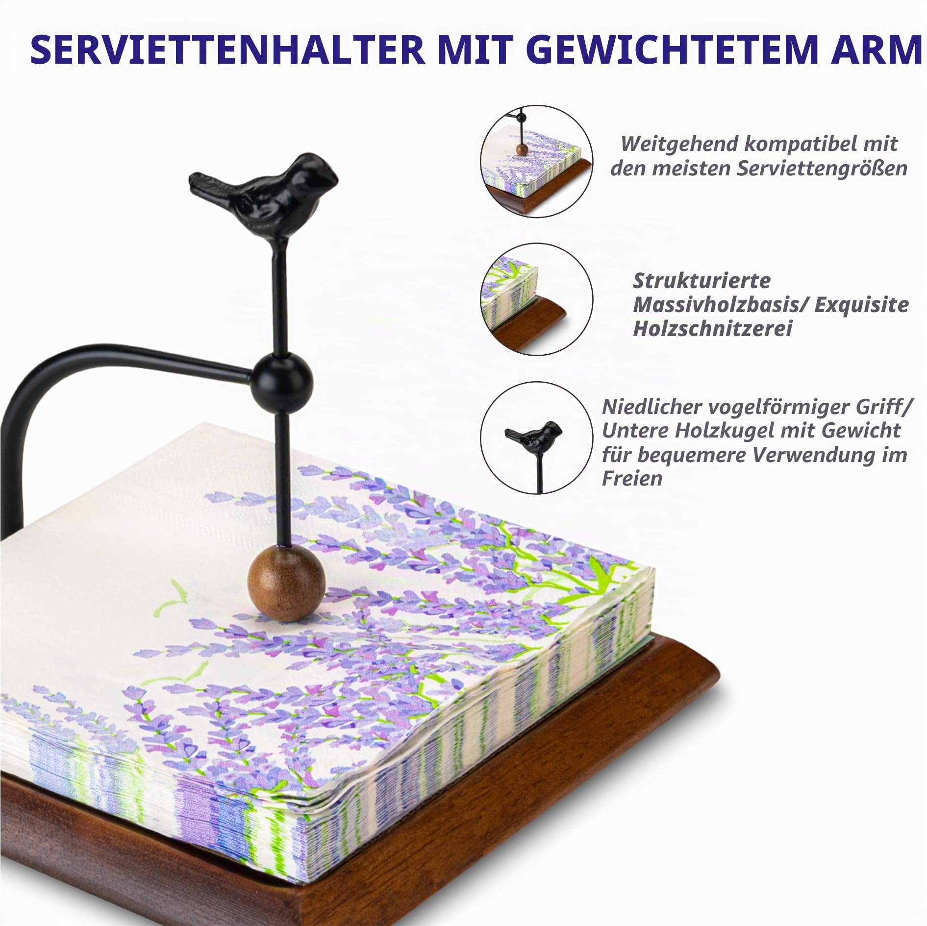 Holzserviettenhalter mit vogelartigem Griff – Eleganter flacher Serviettenhalter mit gewichtetem Arm für Papierservietten, Cocktailservietten – Perfekt für Küche, Esstisch, Café und Bar