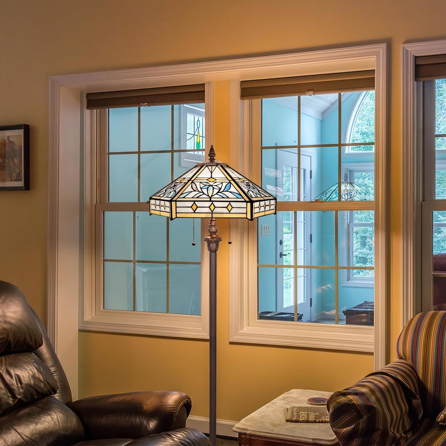 Capulina Tiffany Lamp Stained Glass Floor Lamp 2-Light 16X16X63 Inches Mission Hexagon Tiffany Style Standing Reading Lamp for Living Room Bedroom Home Office