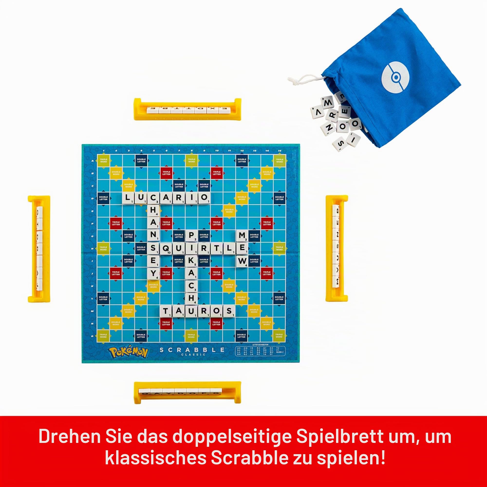 Mattel Games Scrabble Pokémon Brettspiel, Familien-Wortspiel mit zwei Spielmöglichkeiten, enthält 50 Herausforderungskarten mit Pokémon-Figuren für 2–4 Spieler, UK-Version, HXB94