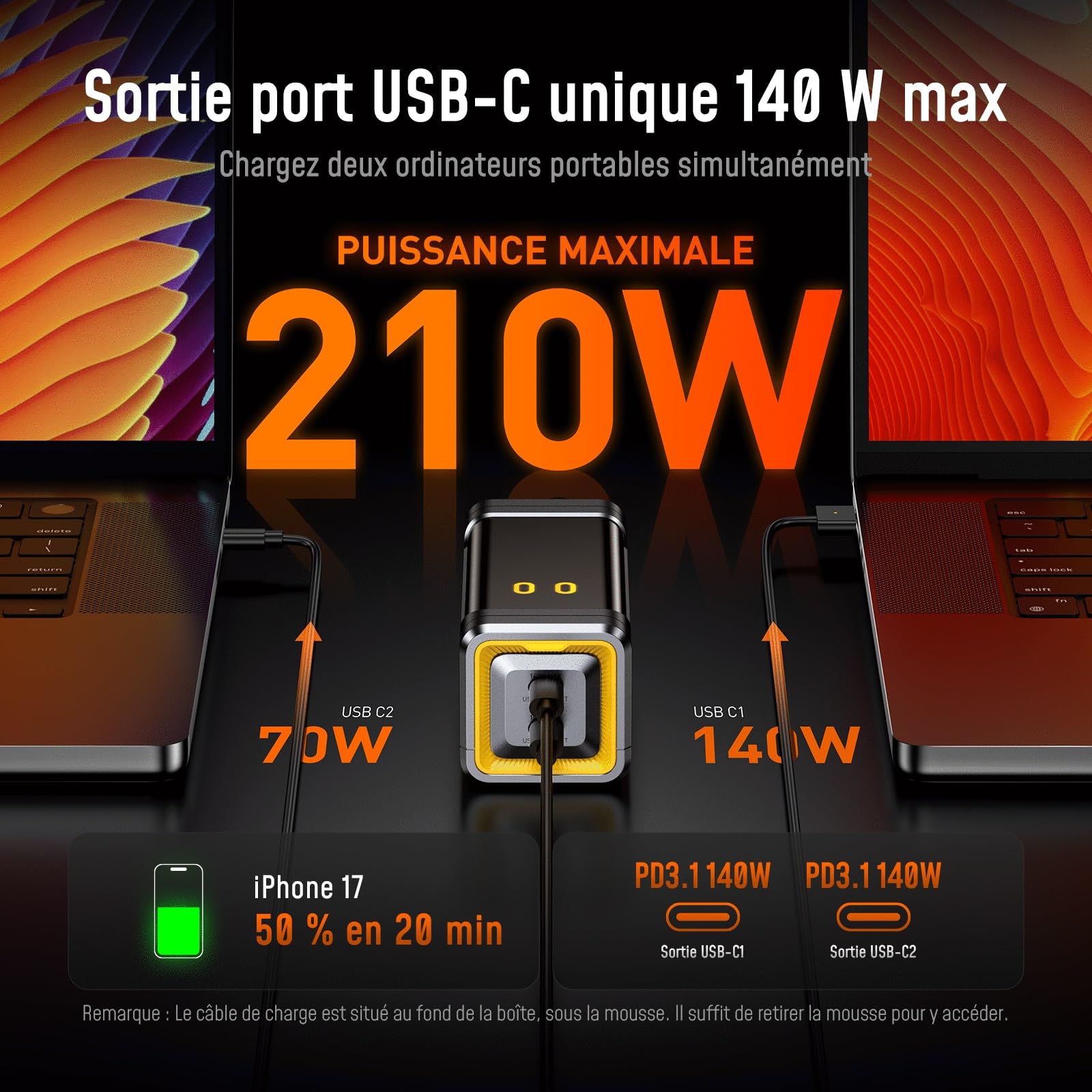 AOHI Batterie Externe 210W PD3.1 PPS 10000mAh, Chargeur Portable à Charge Rapide avec Double Ports USB-C 140W et Écran Intelligent, Future Starship 37Wh pour MacBook Pro/Air, iPad, iPhone 17, Gris