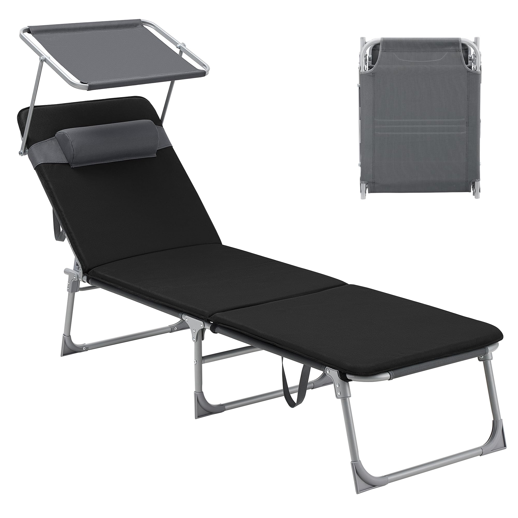 SONGMICS Sonnenliege, klappbarer Liegestuhl, 193 x 53 x 29 cm, trägt bis zu 150 kg, Kissen, Sonnenschutz, Kopfkissen, verstellbare Rückenlehne, für Garten, Pool, Terrasse, grau-schwarz GCB193B01
