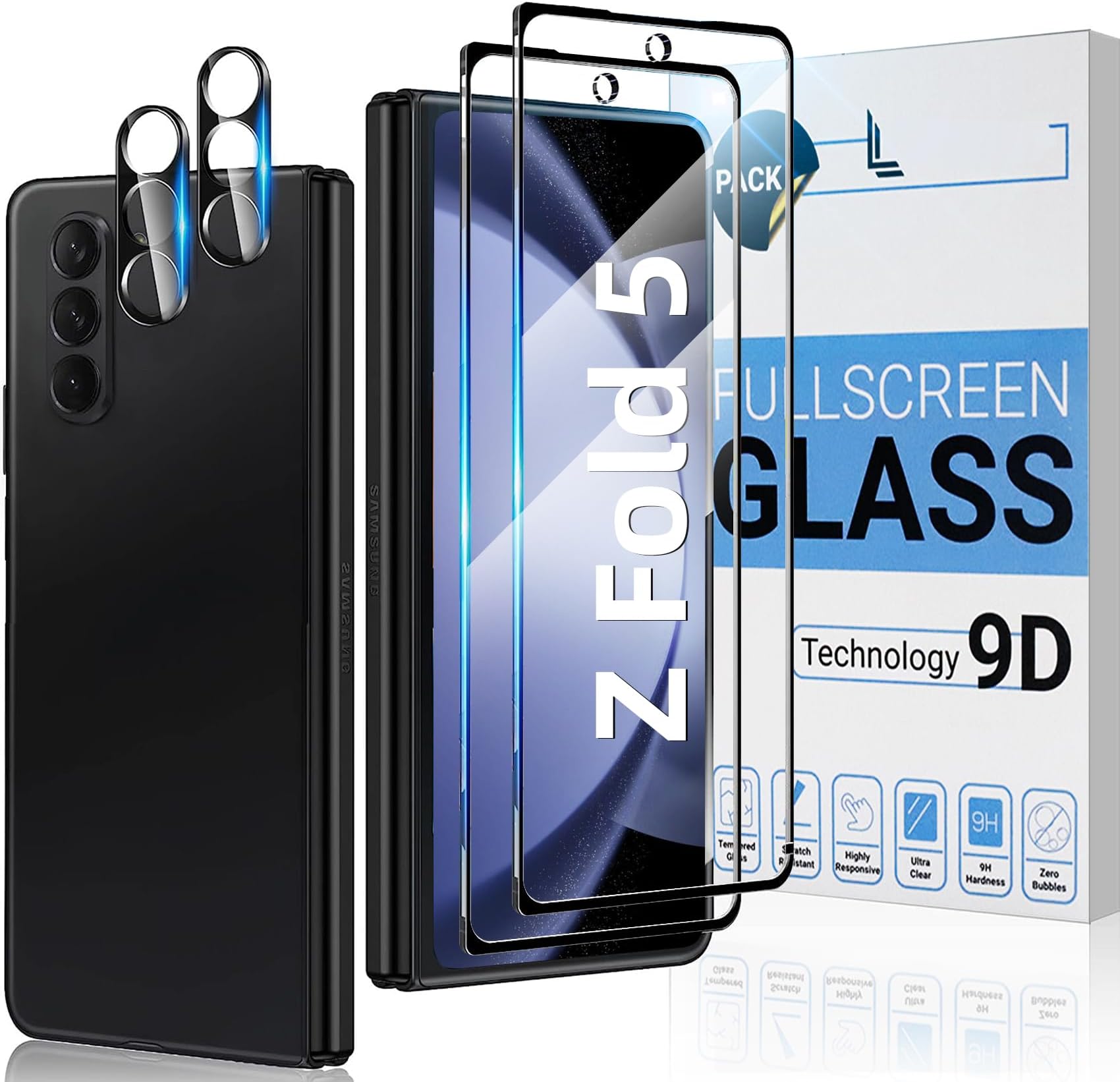 Tseiletc 2+2 Pack Compatible with Samsung Galaxy Z Fold 5 Screen Protector Front/Exterior Tempered Glass Exterior Only and Camera Lens Protector, HD Clear Bubble Anti Scratch Case Friendly (Clear)