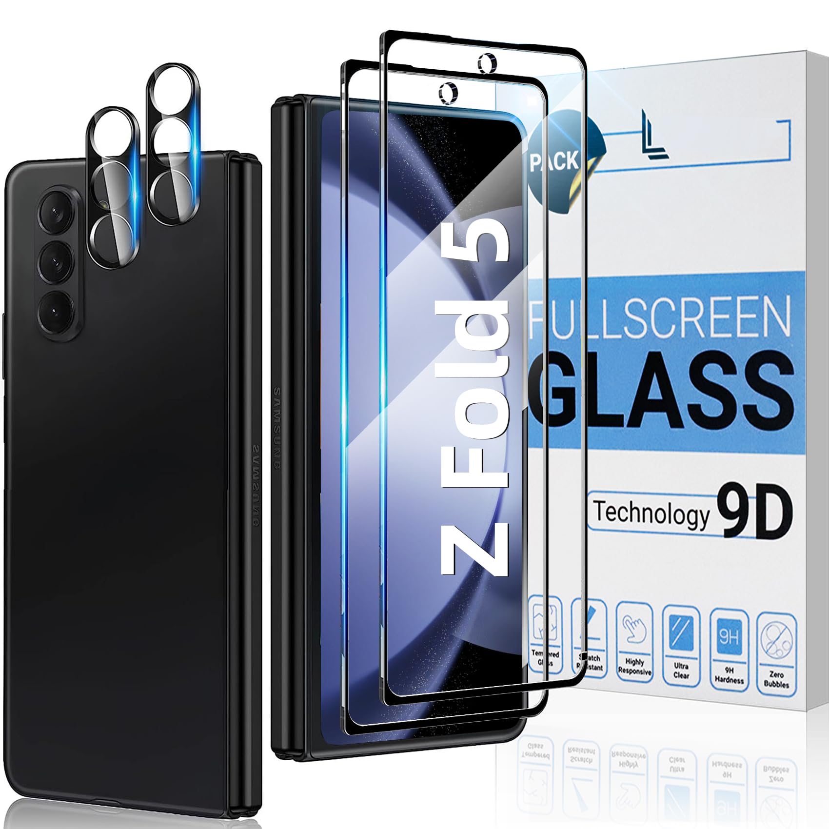 Tseiletc 2+2 Pack Compatible with Samsung Galaxy Z Fold 5 Screen Protector Front/Exterior Tempered Glass Exterior Only and Camera Lens Protector, HD Clear Bubble Anti Scratch Case Friendly (Clear)