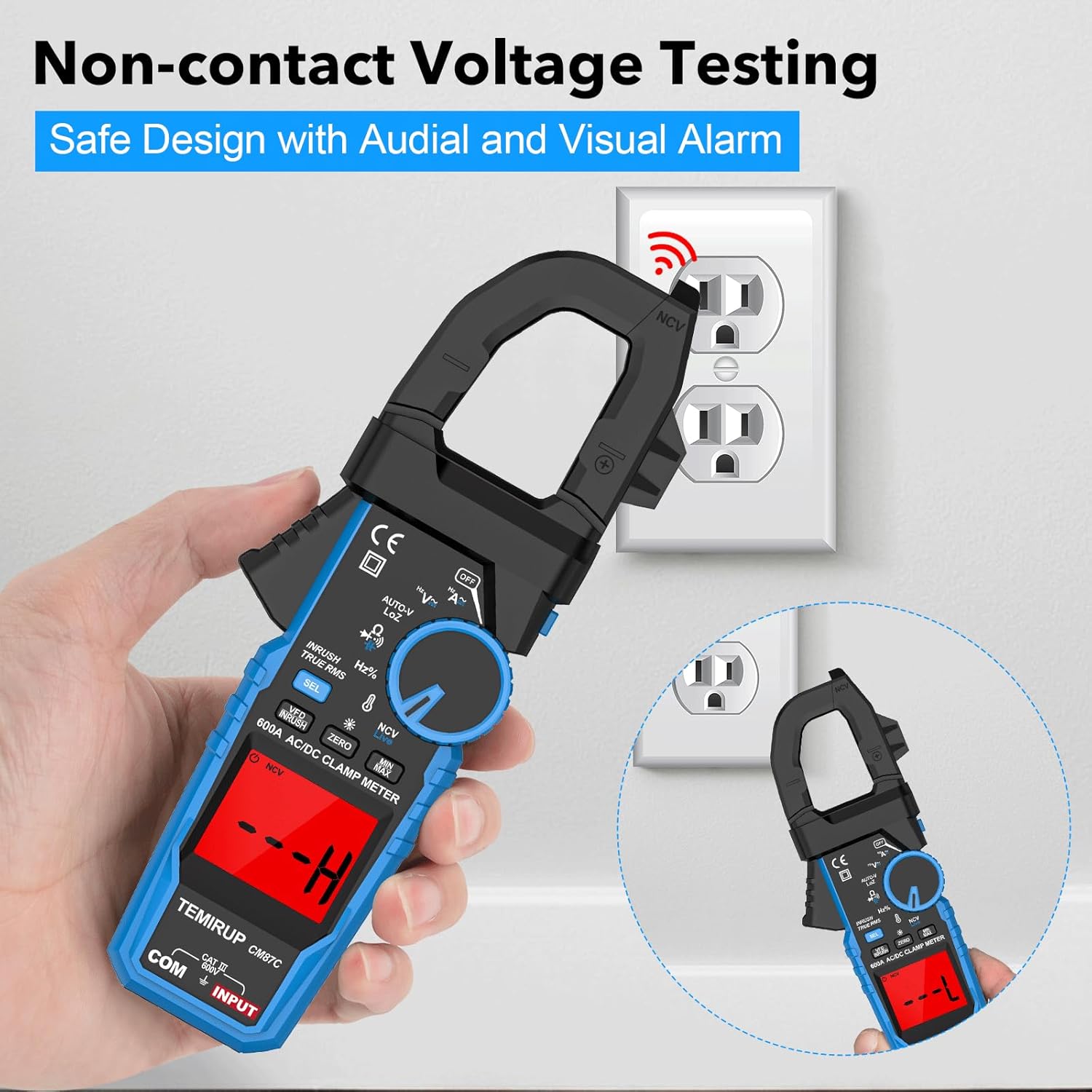 Digital Inrush Clamp Meter Multimeter, TEMIRUP T-RMS 6000 Counts 600A Current Amp Volt Meter with VFD,LOZ Mode; Measures NCV AC/DC Current Voltage Temperature Resistance Capacitance Continuity