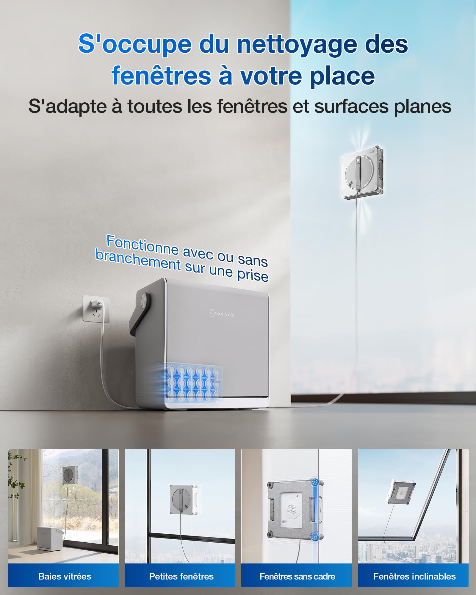 ECOVACS WINBOT W2S Omni Robot Nettoyeur de vitres avec Station, Nettoyage Intelligent Bord à Bord avec la TruEdge™, Charge en Fonctionnement, pulvérisateur d'eau 3 Jets, Protection 12 Niveaux