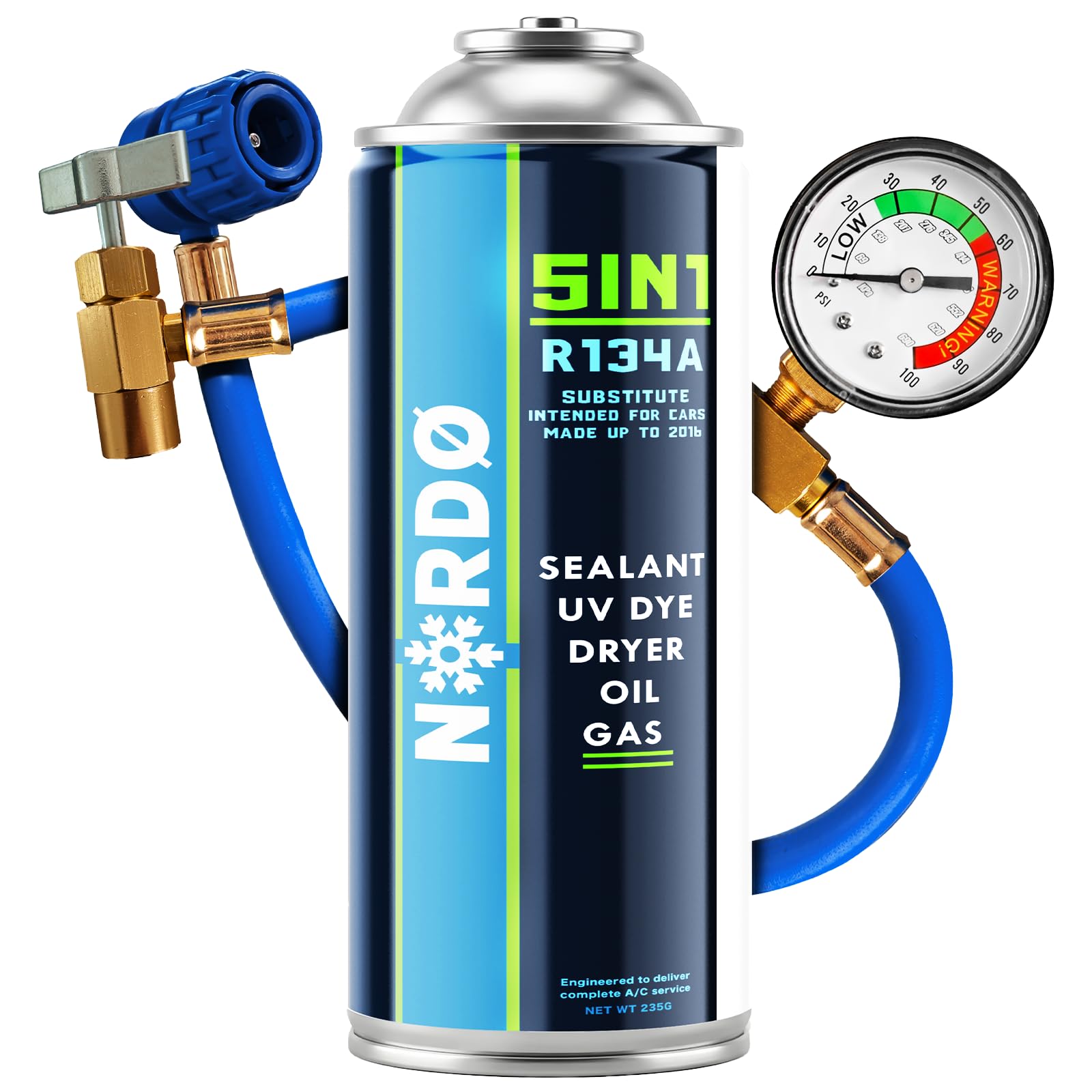 Nordo 5-in-1 – Refrigerante R134a + Tubo 235 g per climatizzatore auto con olio, sigillante, tracciante UV e disidratante – Protegge il compressore