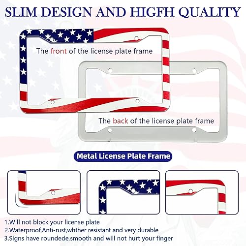 Miniatura 2 de Marco de matrícula con bandera estadounidense, paquete de 2 marcos universales de aluminio para matrícula de automóvil patriótico con tornillos y
