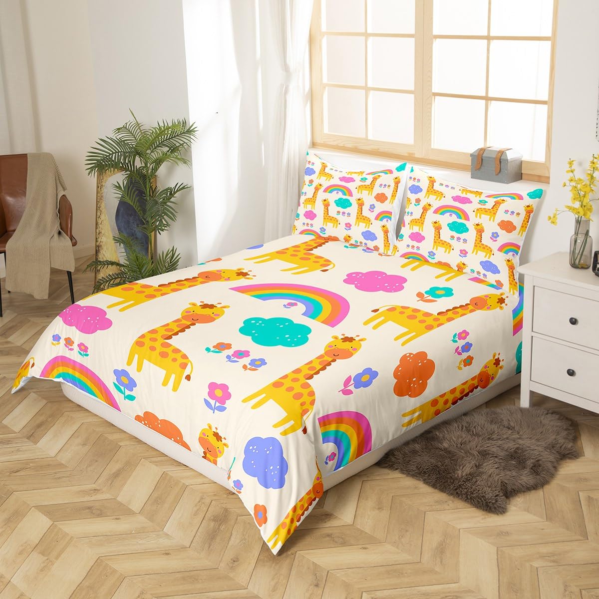 Copripiumino singolo con giraffa a fumetti per ragazzi e ragazze, set di biancheria da letto arcobaleno adorabile per bambini, donne e uomini, ultra morbido, set di copripiumino arcobaleno per bambini