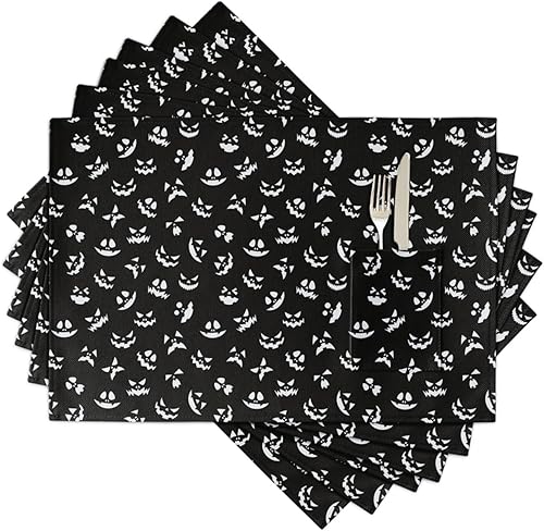 Miniatura 7 de Halloween Table Placemats for Dining Table Set of 2, Cotton Linen Cloth Kitchen Place Mats with Pocket, Washable Burlap SquareRectangleRoundOblong