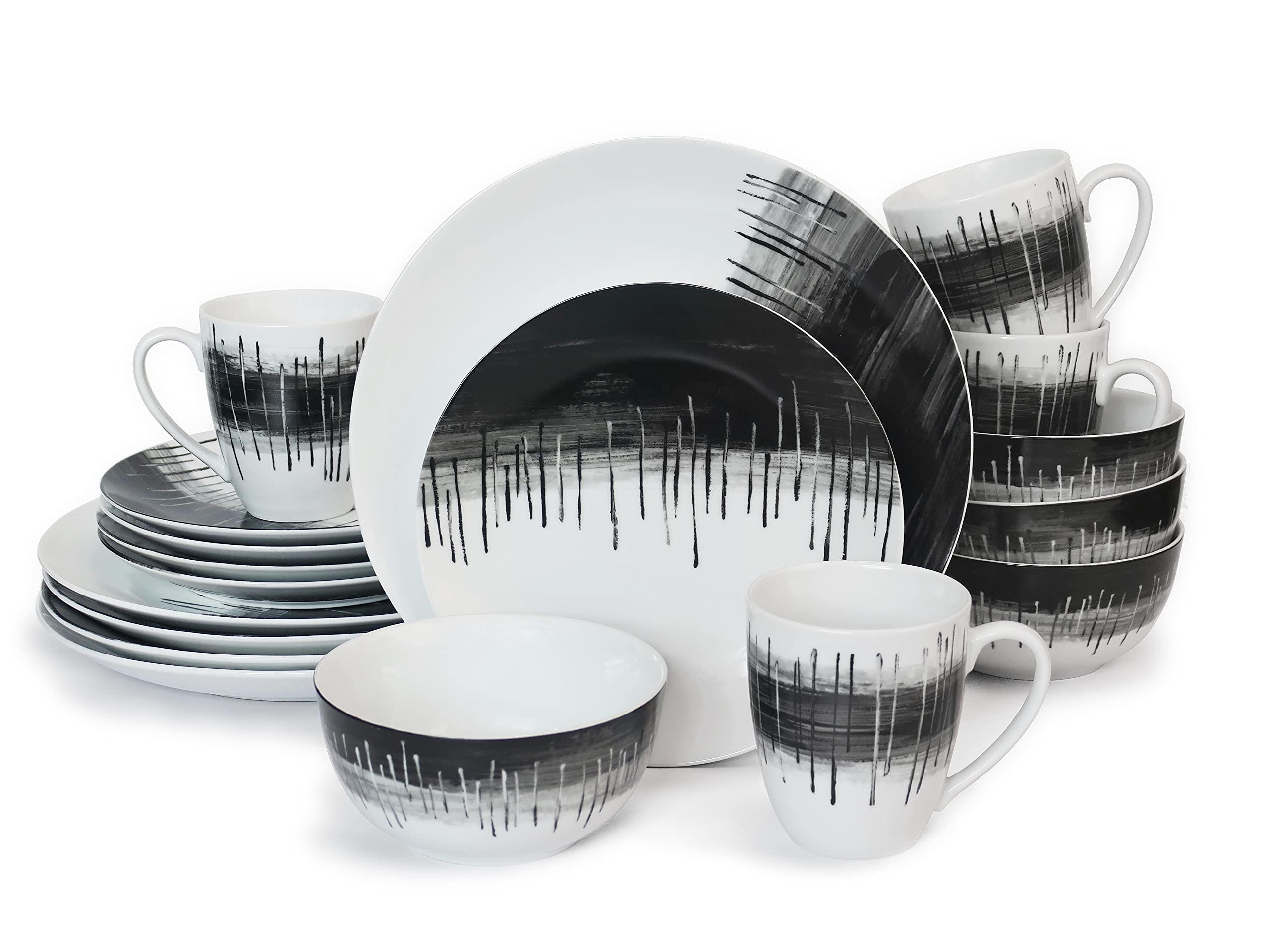 CLEEMAR 16-Piece Dinnerware Set, Bowls, Plates and Mugs, Service for 4. (Fountain Dance)