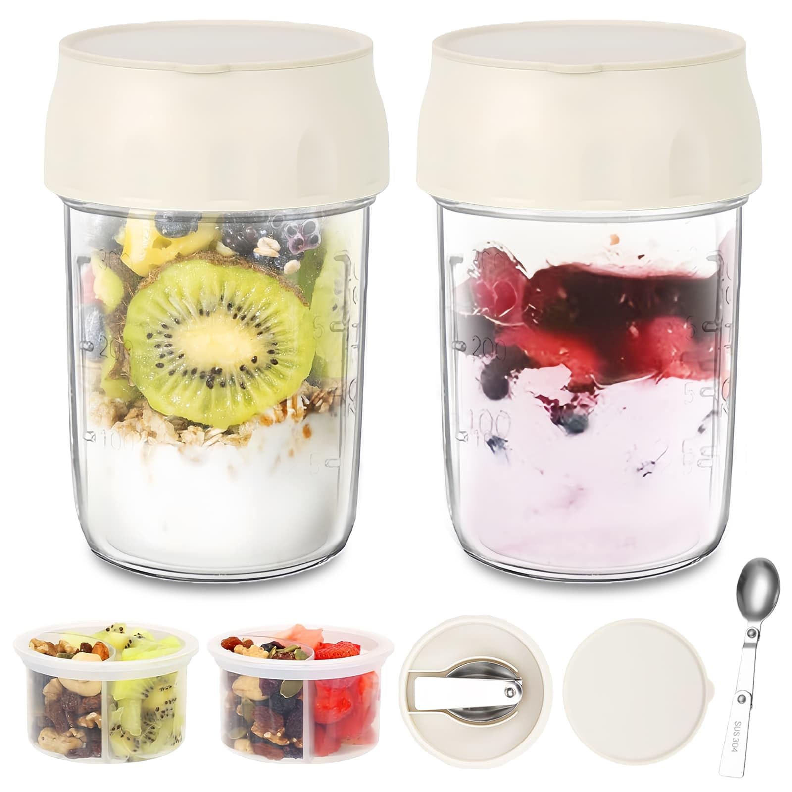 2 Pack Overnight Oats Jar Containers with Lids, Folding Spoons and Divided Compartments for Fruit & Nuts, Reusable 16oz Containers for Snack for Oatmeal, Chia Pudding, Yogurt, Salad, Parfait Cups