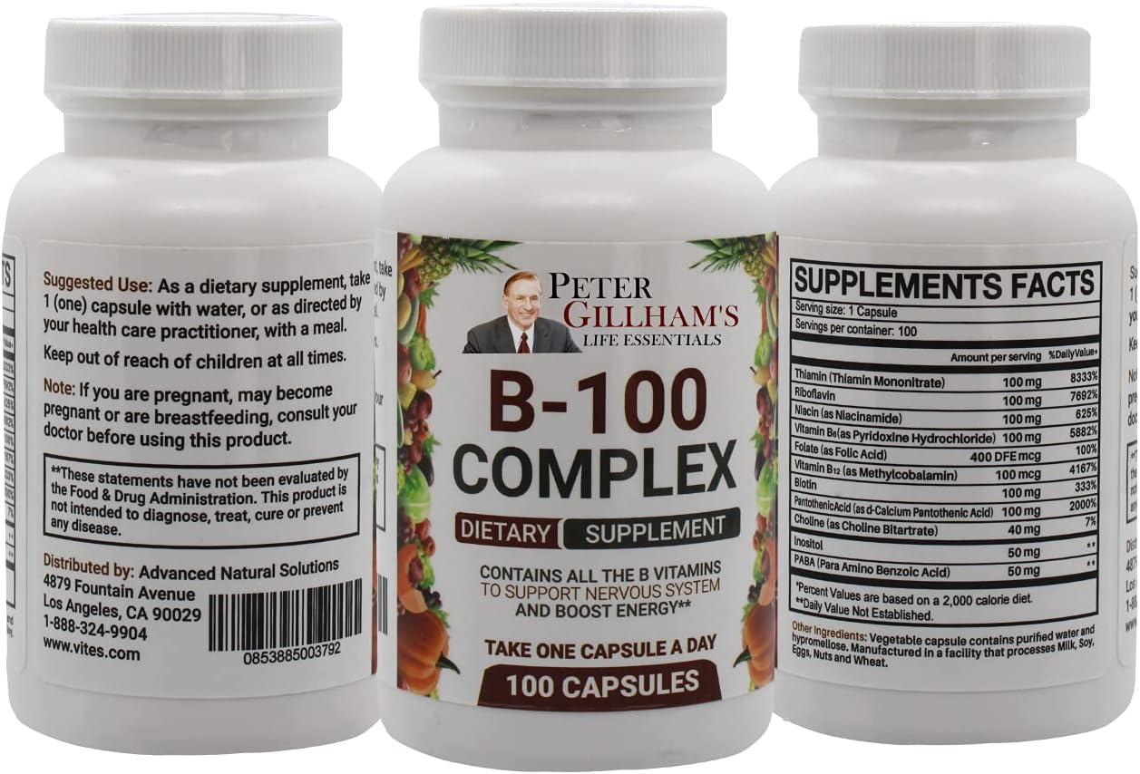 Peter Gillham's Life Essentials, Vitamin B Complex 100mg 100 Capsules, Energy and Metabolism Support. Contains All B Vitamins