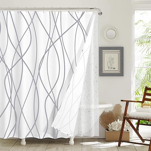 Miniatura 3 de ORTIGIA Cortina de ducha con forro, rayas grises onduladas, cortina de ducha 3 en 1 con 12 ganchos de metal de doble cara a prueba de óxido,