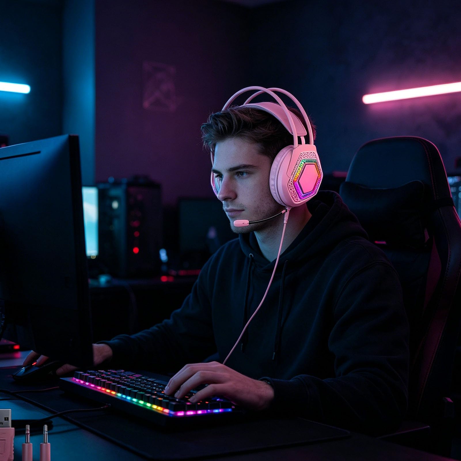 Casque de jeu filaire 3,5 mm 7.1 son surround RVB avec microphone antibruit, pilote de 50 mm, coussinets d'oreille en mousse à mémoire de forme pour PC Switch (rose)