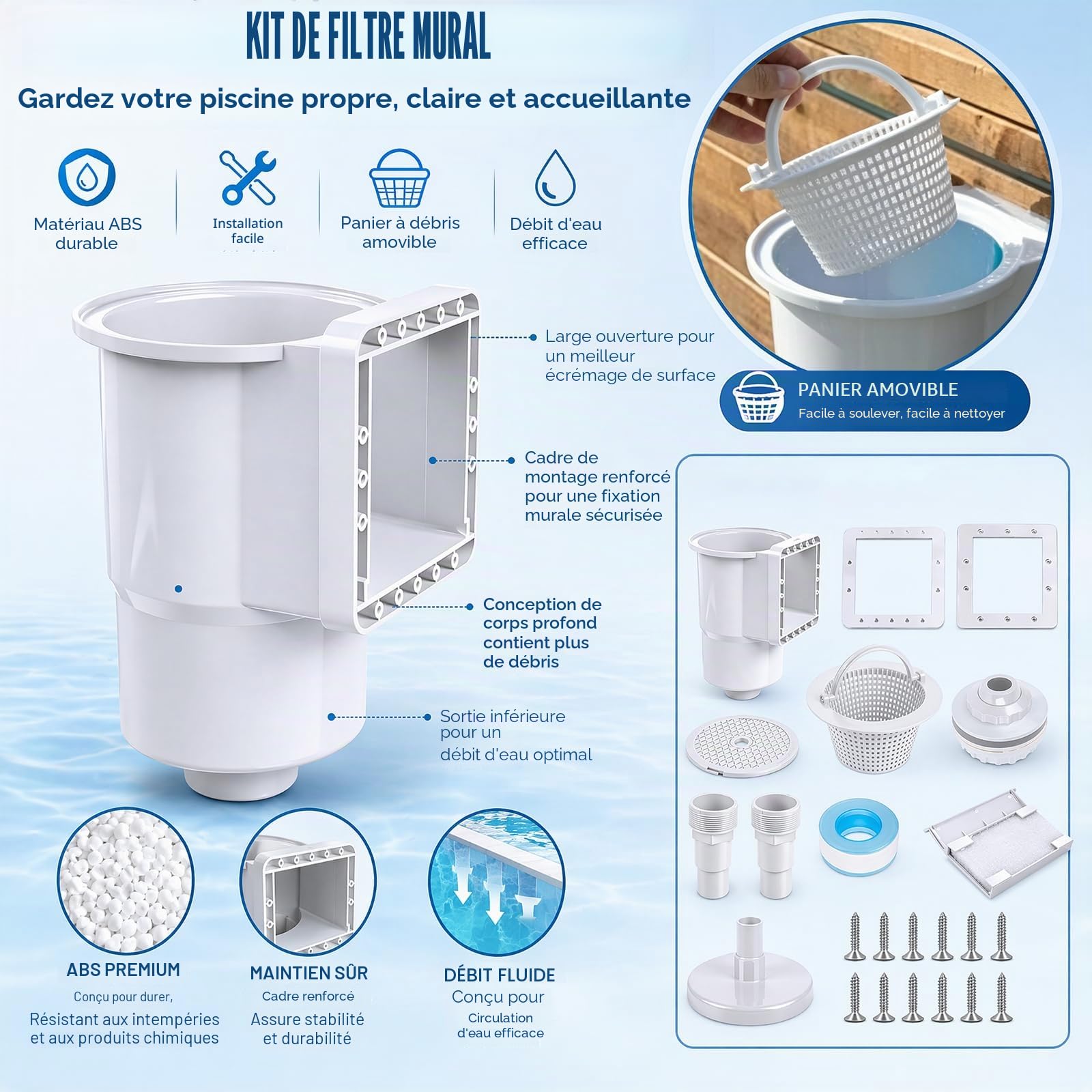 Kit de Skimmer pour Piscines à Parois en Acier et Piscines Hors Sol - Skimmer Encastrable Hautement Efficace avec Grand Panier Filtrant, Buse D'aspiration et Raccord de Tuyau 32/38 mm