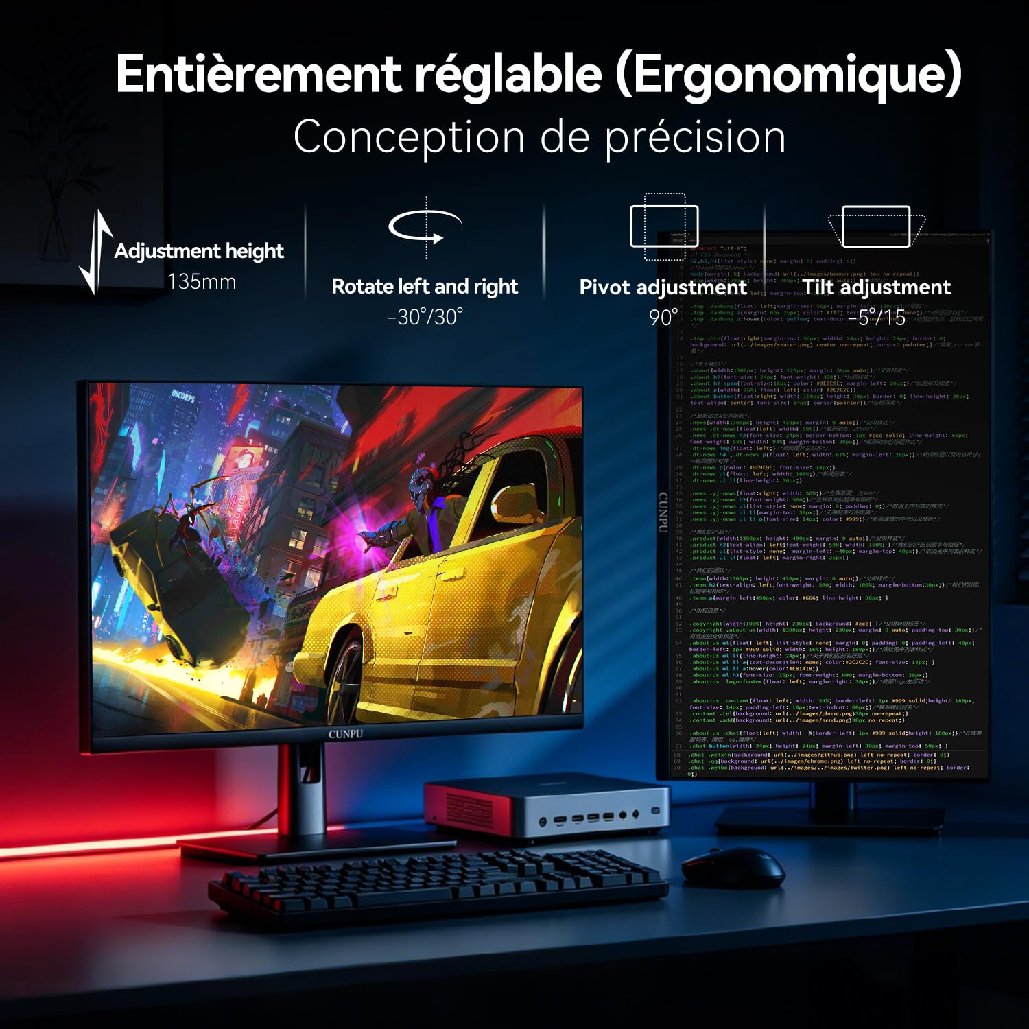 CUNPU Écran PC 27 Pouces 4K 160Hz, Fast IPS 1ms, HDR400, Réglable en Hauteur, 135% sRGB,100% Adobe RGB,100% DCI-P3, 2X HDMI 2.1 for PS4/5/XBOX 4K 120Hz & 2X DP 1.4, Protection oculaire
