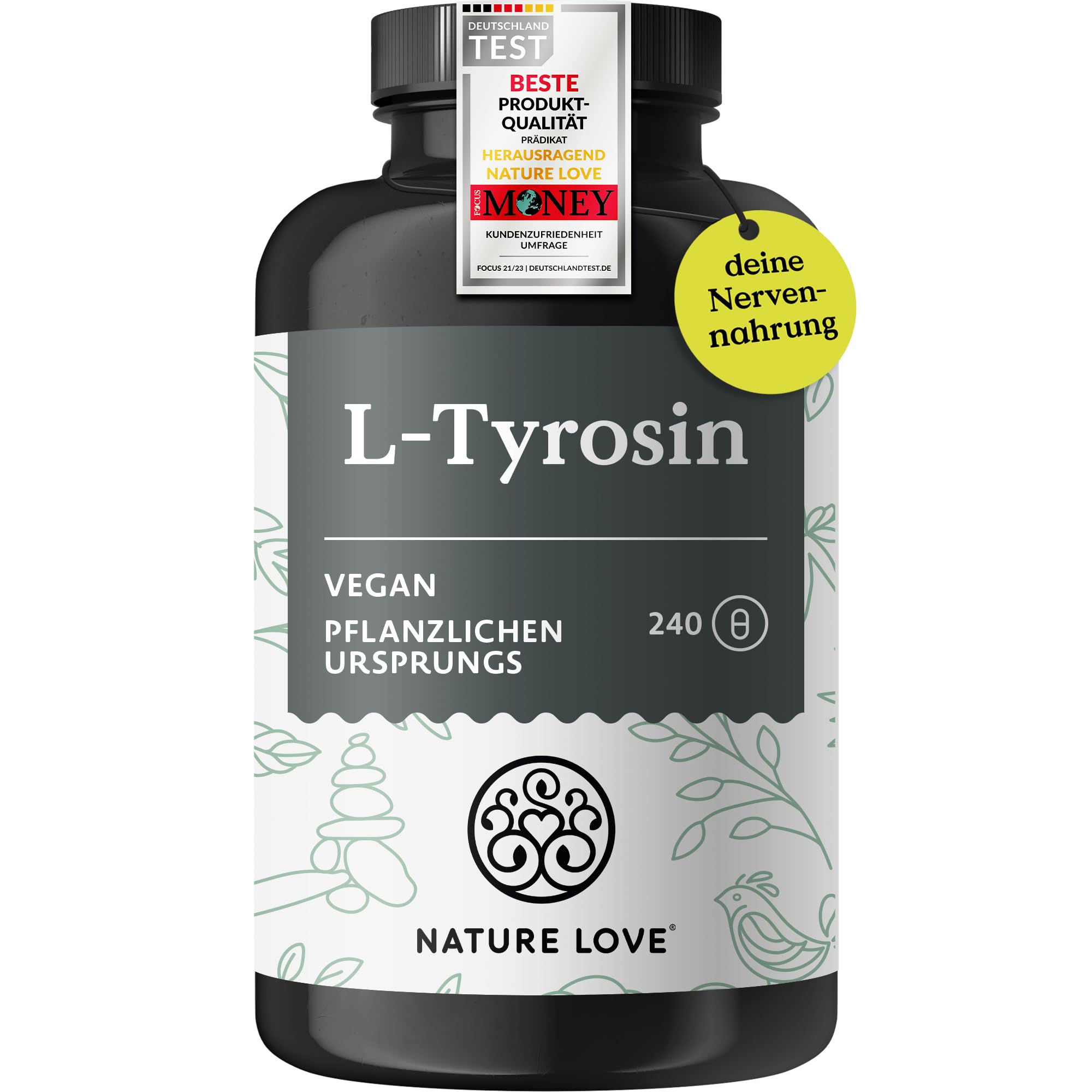 Nature Love L-Tyrosin 240 vegane Kapseln - 1000 mg pro Tagesdosis - 4 Monate Reichweite - aus Fermentation, laborgeprüft und in Deutschland produziert - ohne unerwünschte Zusätze