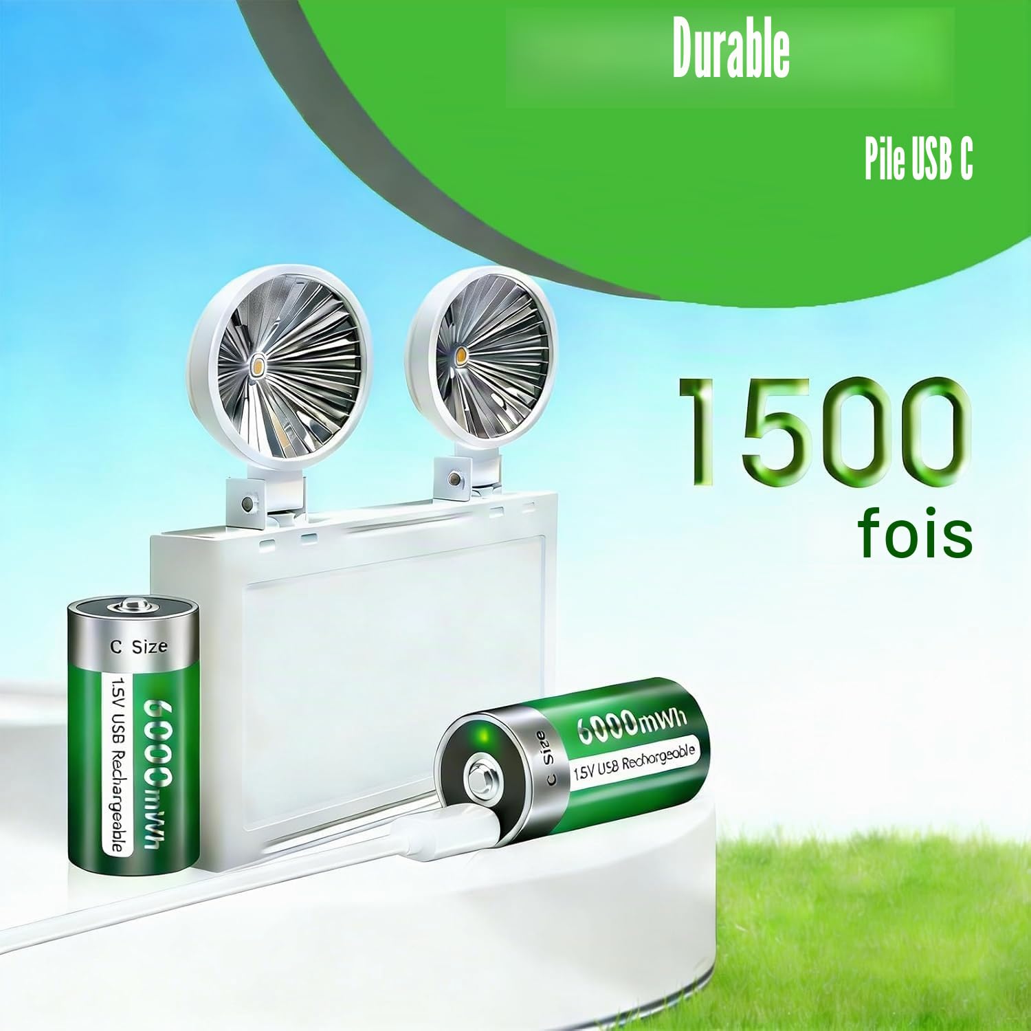Lot de 6 batteries rechargeables Baby C USB 6000 mWh - 1,5 V/lithium - Batterie C haute capacité avec câble de charge de type C - 3 heures de charge rapide