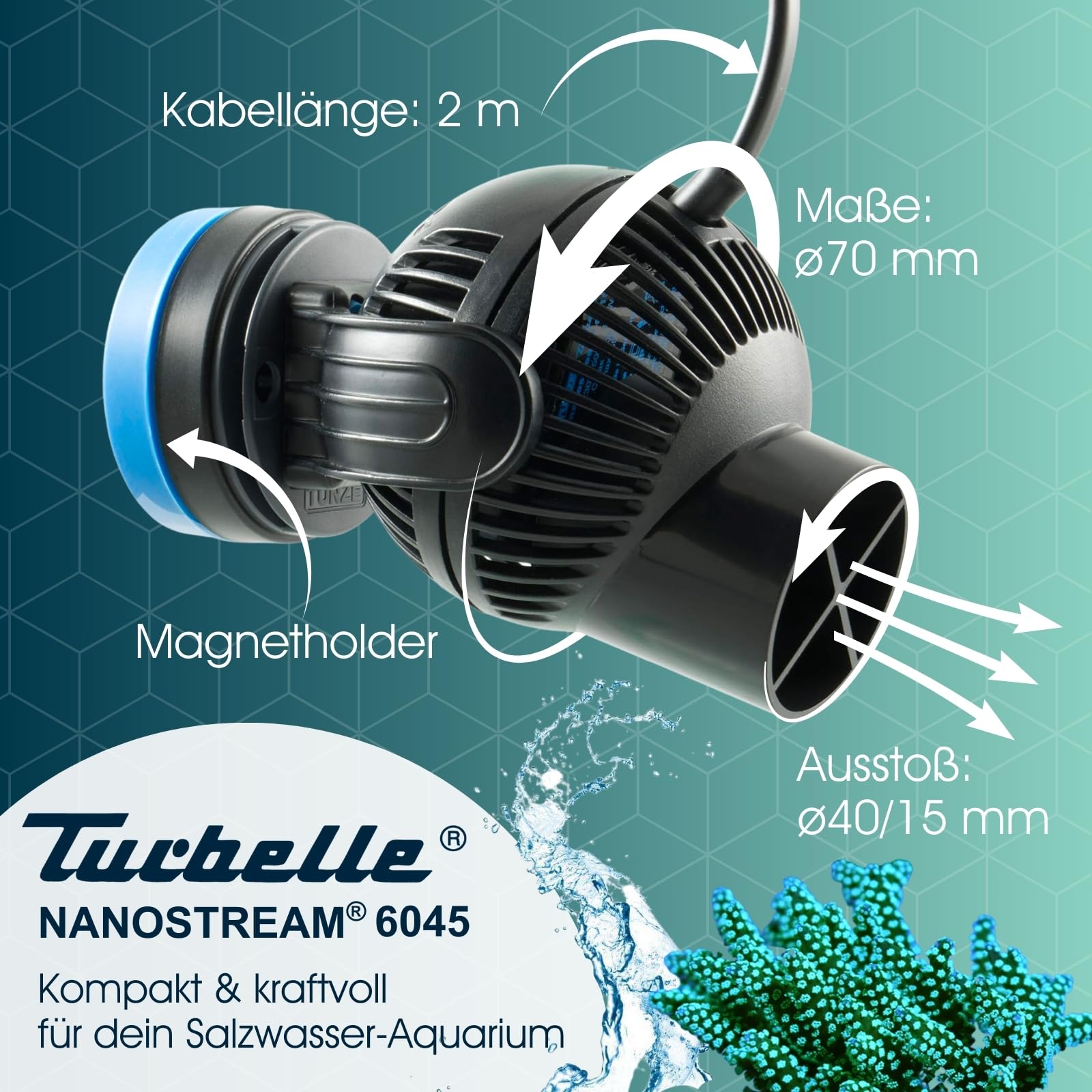 TUNZE Strömungspumpe Turbelle nanostream 6045 I Pumpe für 3D einstellbare Wasserströmung I Propellerpumpe mit Magnet Holder & Silence Klemme bis 15mm Glasstärke I Wasserpumpe für Aquarien