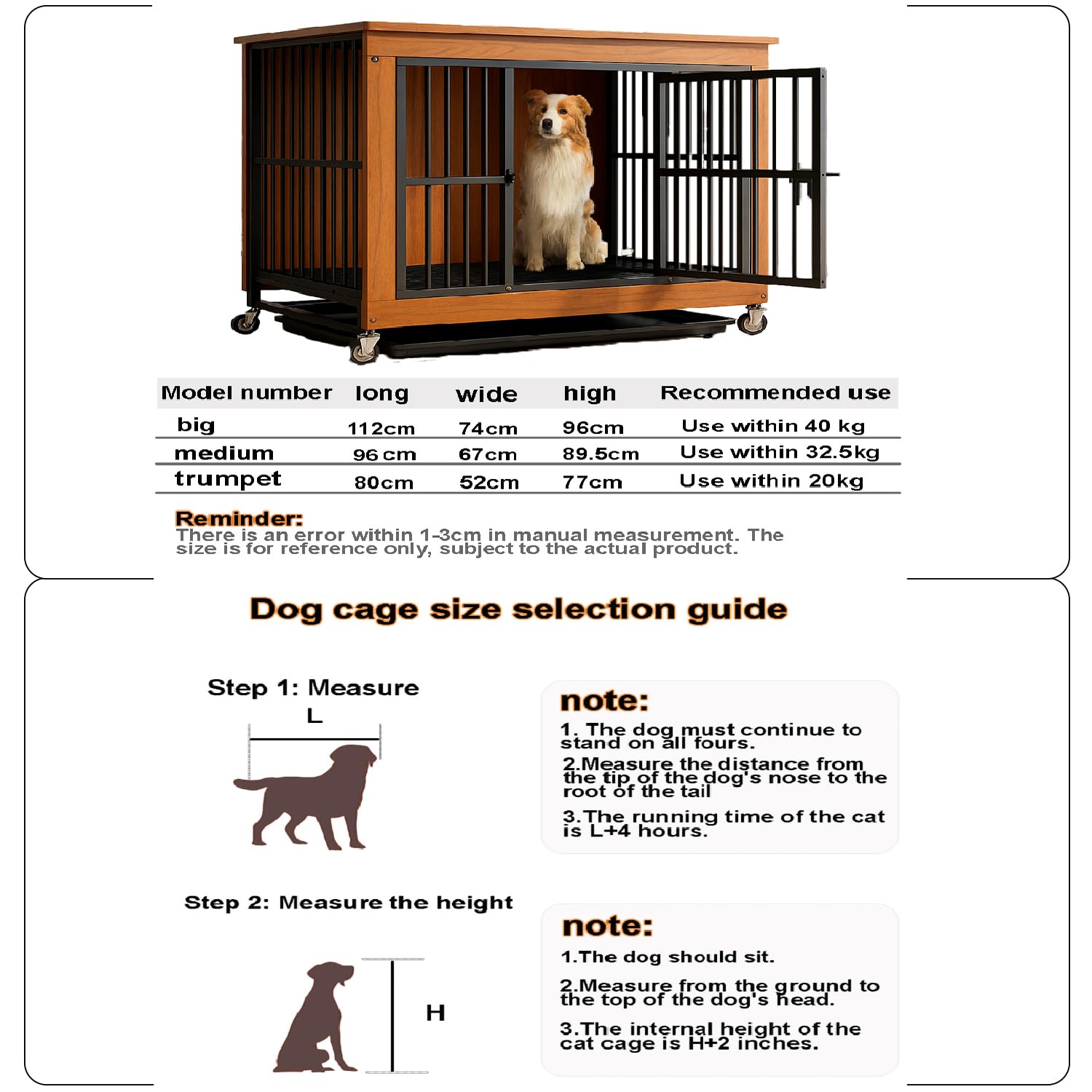 Hundekäfig Möbel für Wohnzimmer, 96×67×89,5cm XL, Hundebox mit 2 Türen, Verstärkte Metallkonstruktion, Kausicher, Hundekäfig für Hunde bis 40kg, Walnuss Holzoptik