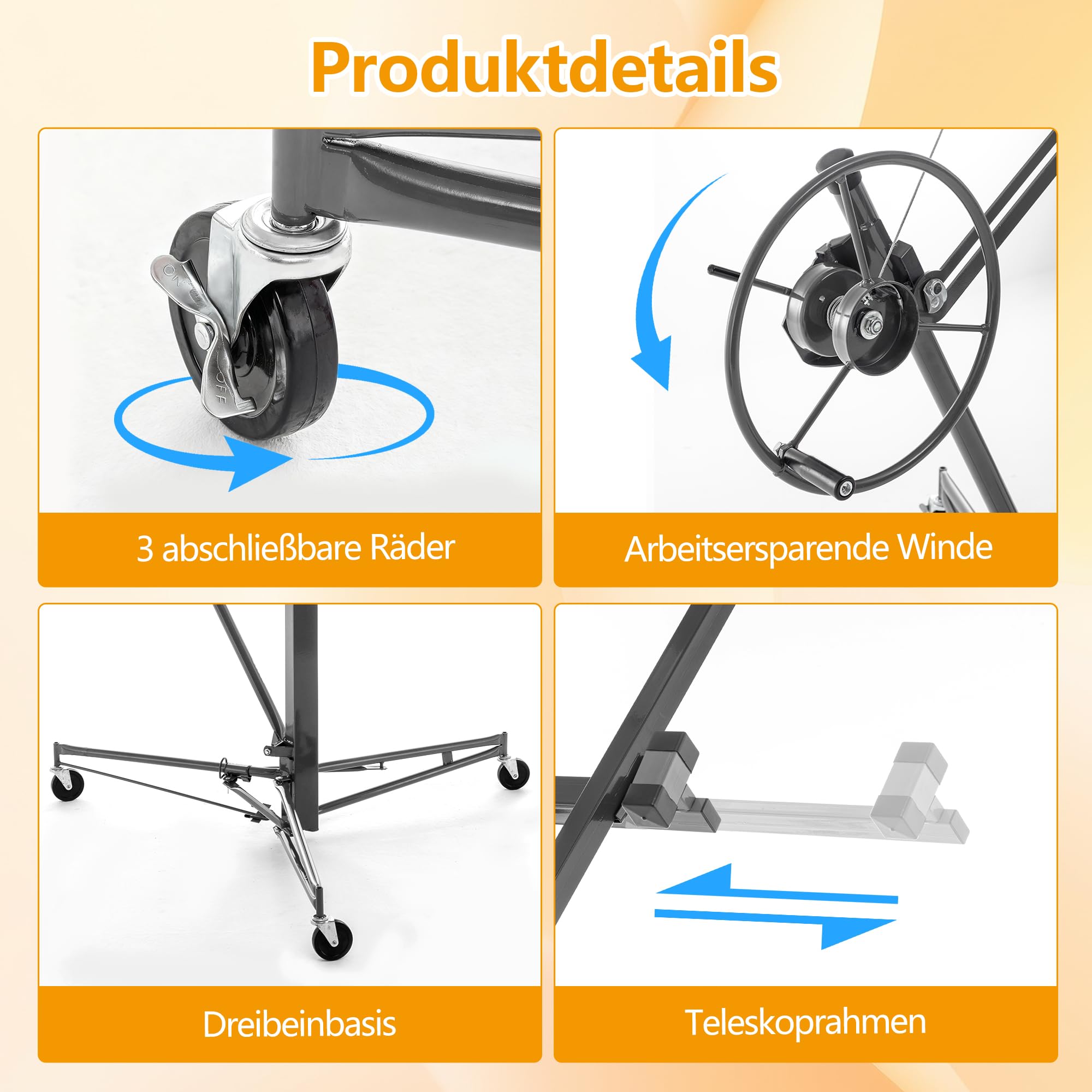 Plattenheber Trockenbau, Plattenlift Bis Max. 68 kg, Höhe 180-470 cm, 60-Grad-Neigung, mit 3 Bremsrädern, Hebevorrichtung Lastenheber für Decken und Wände, Grau, HD26041502