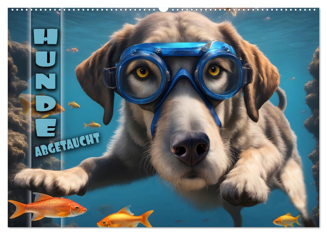 Hunde abgetaucht (Wandkalender 2026 DIN A2 quer), CALVENDO Monatskalender: Amüsante Bilder tauchender Hunde aller Rassen in einer traumhaften Unterwasserwelt (CALVENDO Tiere)