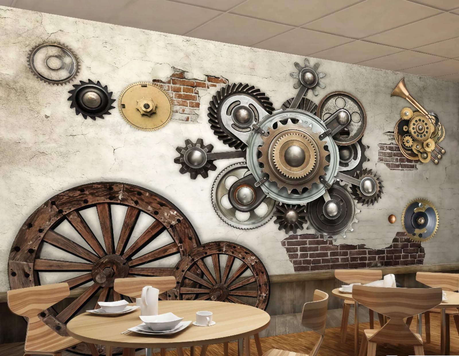 rskjdghshd Wallpaper Retro Brick Wall Three-Dimensional Mechanical Gear Drink Afternoon Tea Burger Shop Bar Background Wall Western Restaurant Wallpaper Cafe Mural,3D,250x175cm