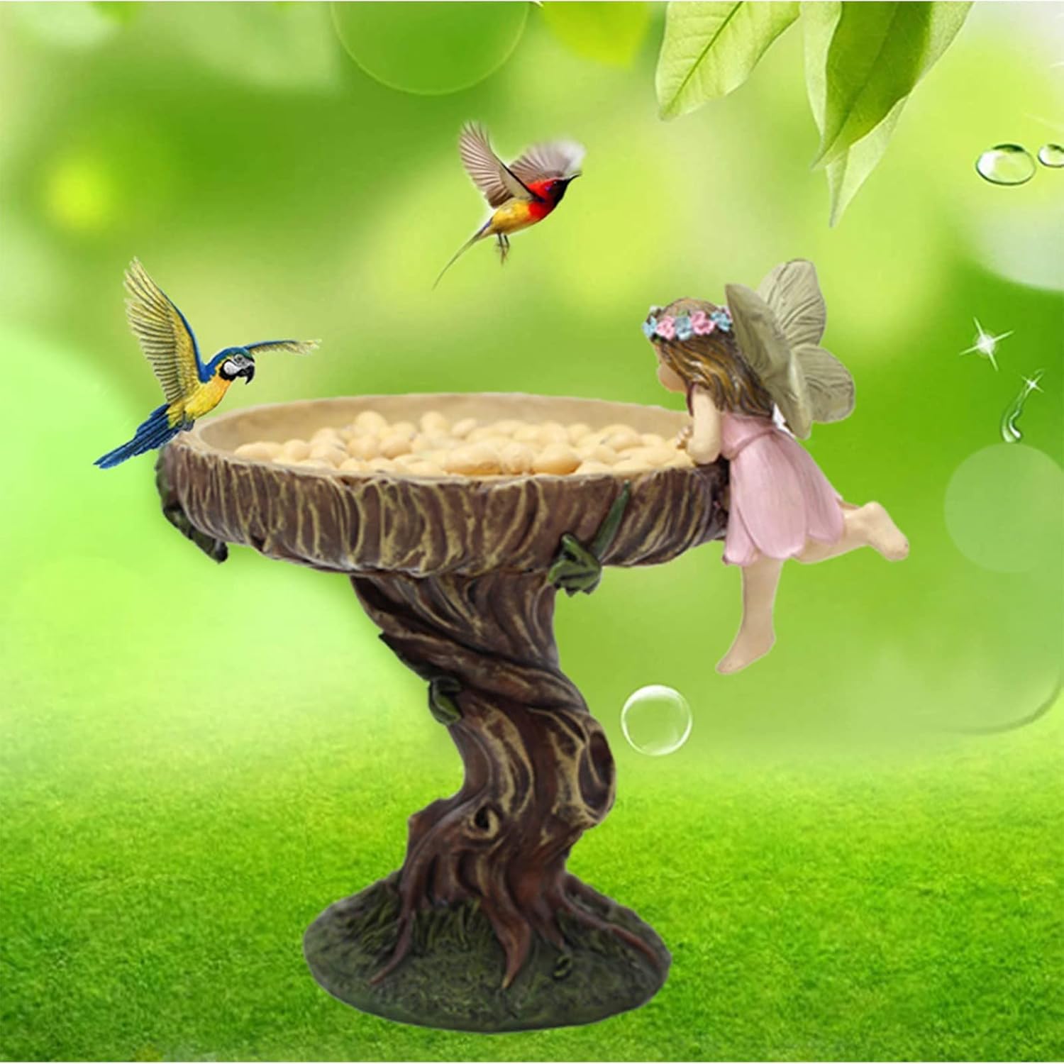 Outdoor Bird Bath Feeder Standing, Resin Bird Bath Bowl Tray for Inside, Animal Girl