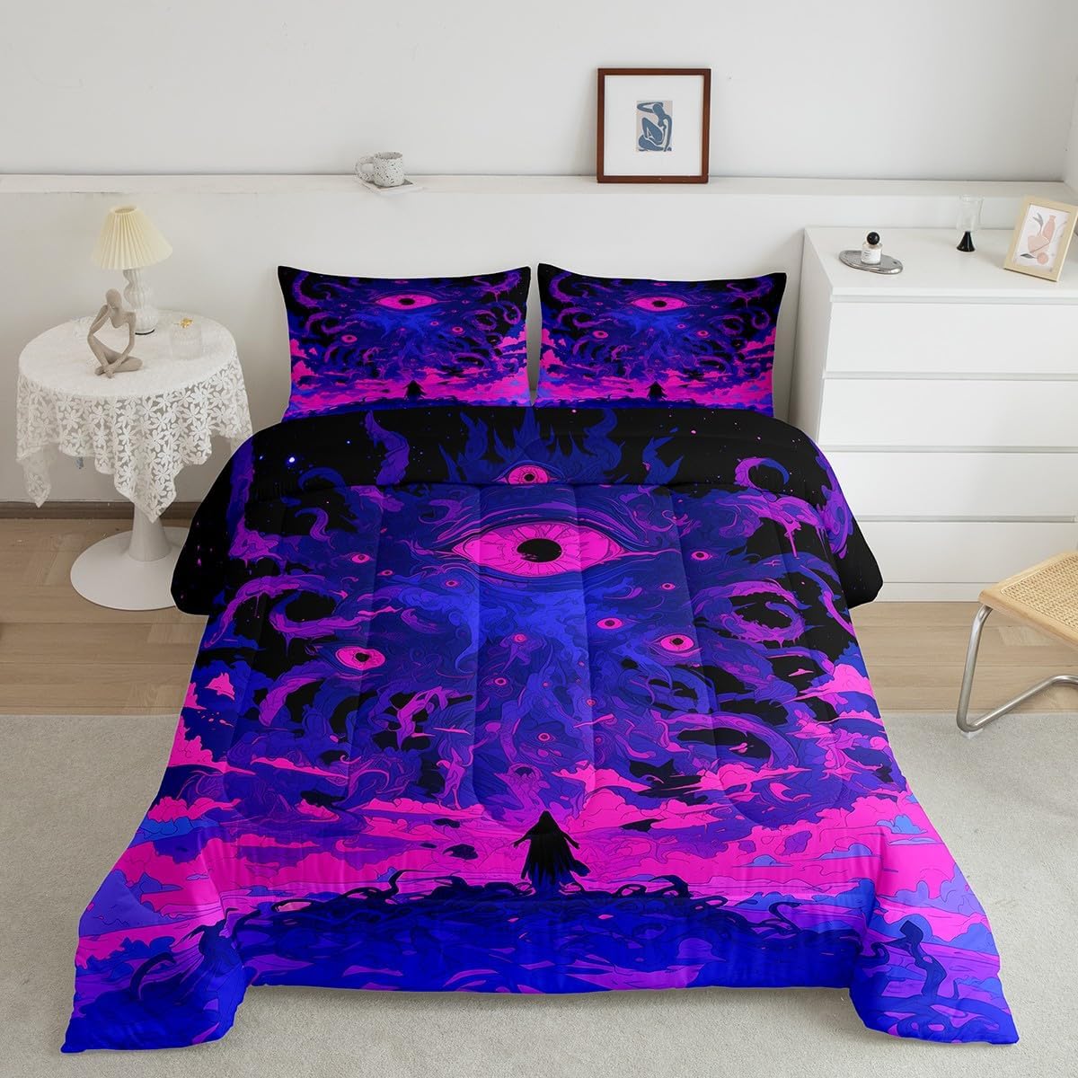Manfei Alien Universe Teens Comforter Set,Mysterious Outer Space Skeleton Gothic Hippie Bedding Set All Season,Boho Eye Psychedelic Trippy Graffiti Comforter 3 Pcs with 2 Pillowcases,Queen Size