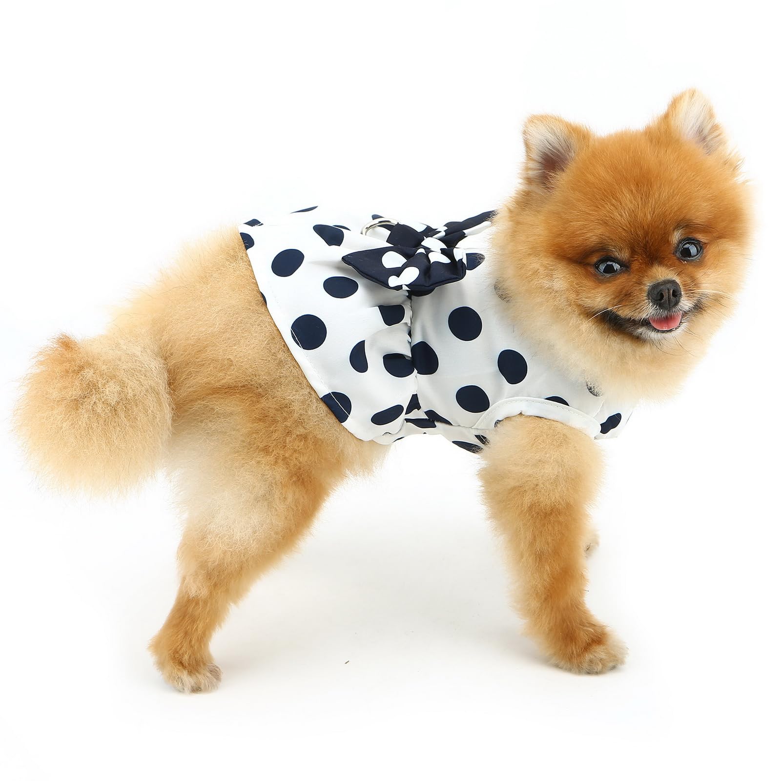 PAIDEFUL Dog Harness Dress,Retro Bow Princess Dresses for Small Dogs Cats Fashion Polka Dot Puppy Pleated Skirt Soft Lightweight Doggy Sundress Button up Chihuahua Clothes Costume D-ring,White,M - Image 2