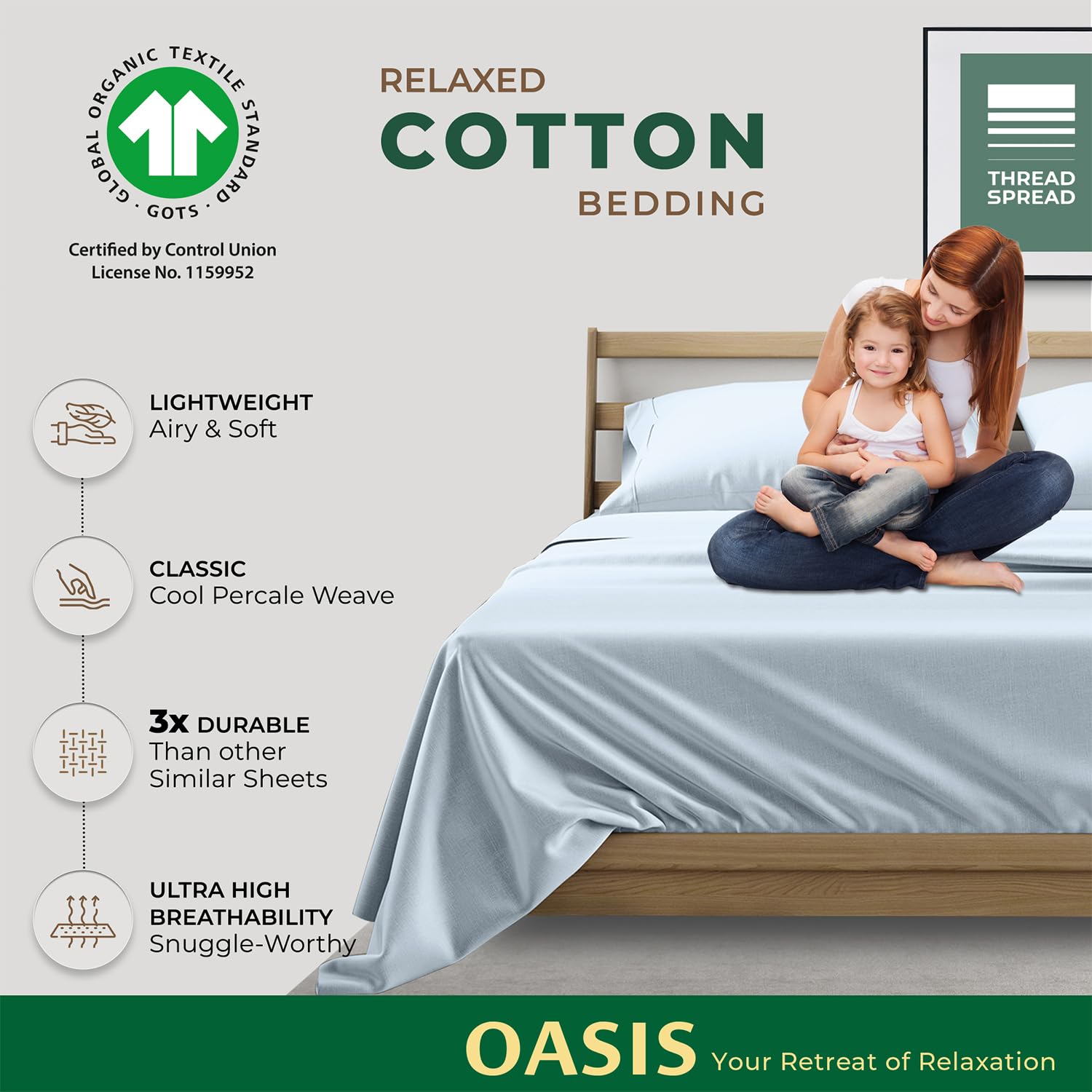 Condition photo showing New/Like New for THREAD SPREAD 100% Organic Cotton Sheets Twin Size - 3 PC Organic Cotton Twin Size Percale Weave Sheet Set, Soft, Cooling & Crisp, 16" Deep Pocket Bedding Set for Dorm Room - Light Blue