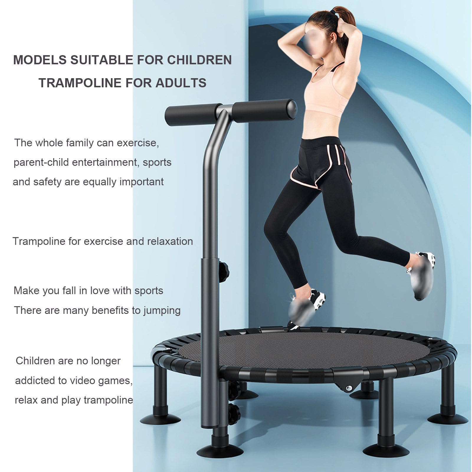 Mini Trampolín Plegable De 40" Con Barra En T/U, Mini Trampolín De Fitness Con Rebote, Trampolín Redondo De Interior Para Niños, Trampolín Universal, Peso Máximo 200 Kg,Rosered-T-bar