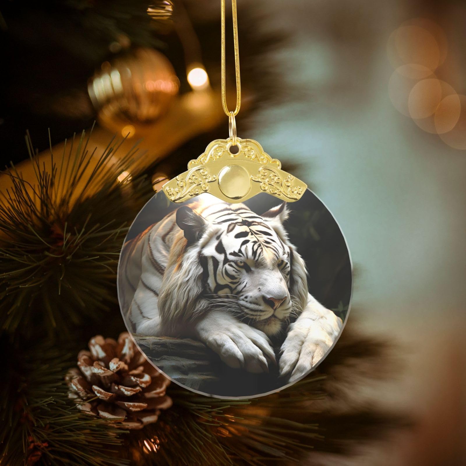 Crystal Christmas Ornaments for Christmas Tree Decoration Hanging Lying Tiger Ornament with Gold Ribbon Crafts Round Pendant for Keepsake Gifts Glass Xmas Decor Party Supplies