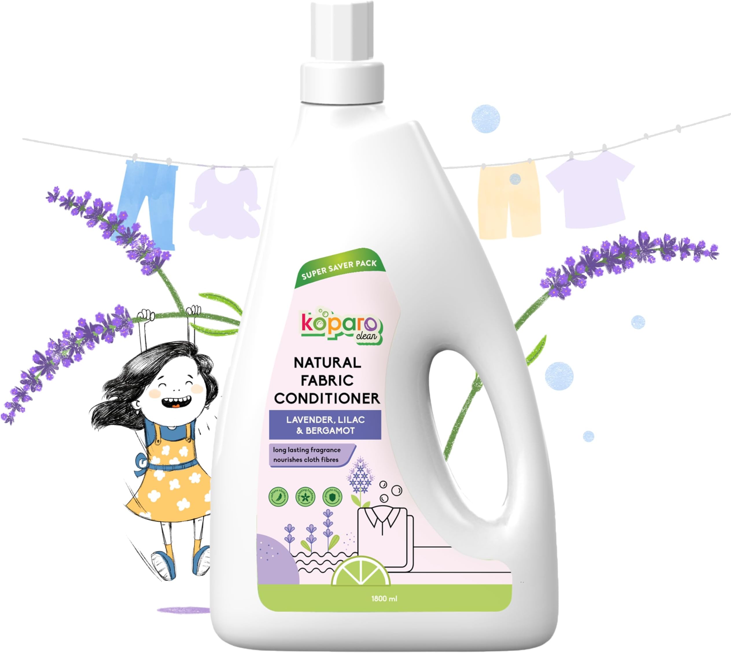Koparo Natural Fabric Conditioner & Softener Liquid | 2 Litres | Lavender | Organic, Eco Friendly & Non Toxic | Top Load & Front Load | Protects Shine & Safe For Baby Clothes