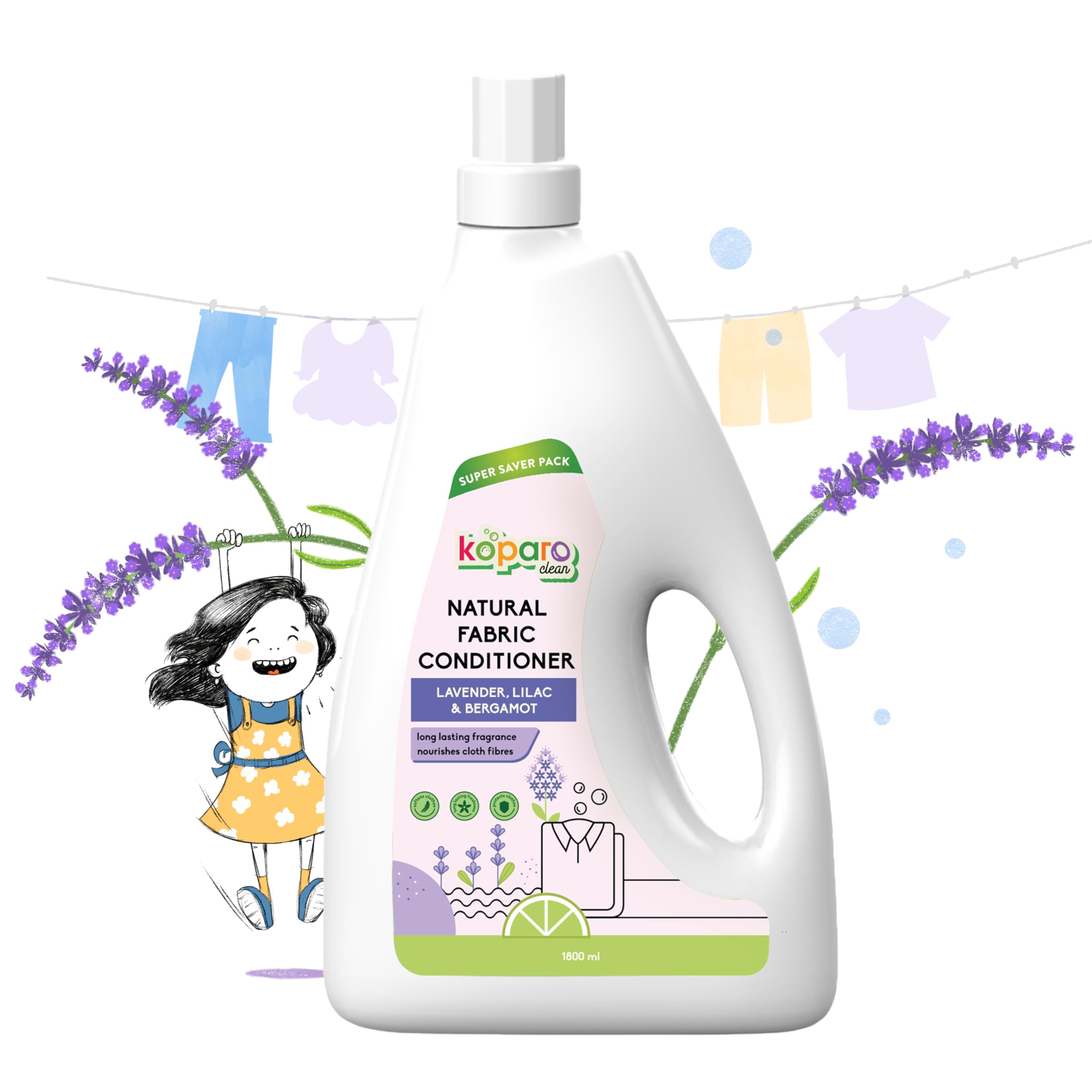 Koparo Natural Fabric Conditioner & Softener Liquid | 2 Litres | Lavender | Organic, Eco Friendly & Non Toxic | Top Load & Front Load | Protects Shine & Safe For Baby Clothes