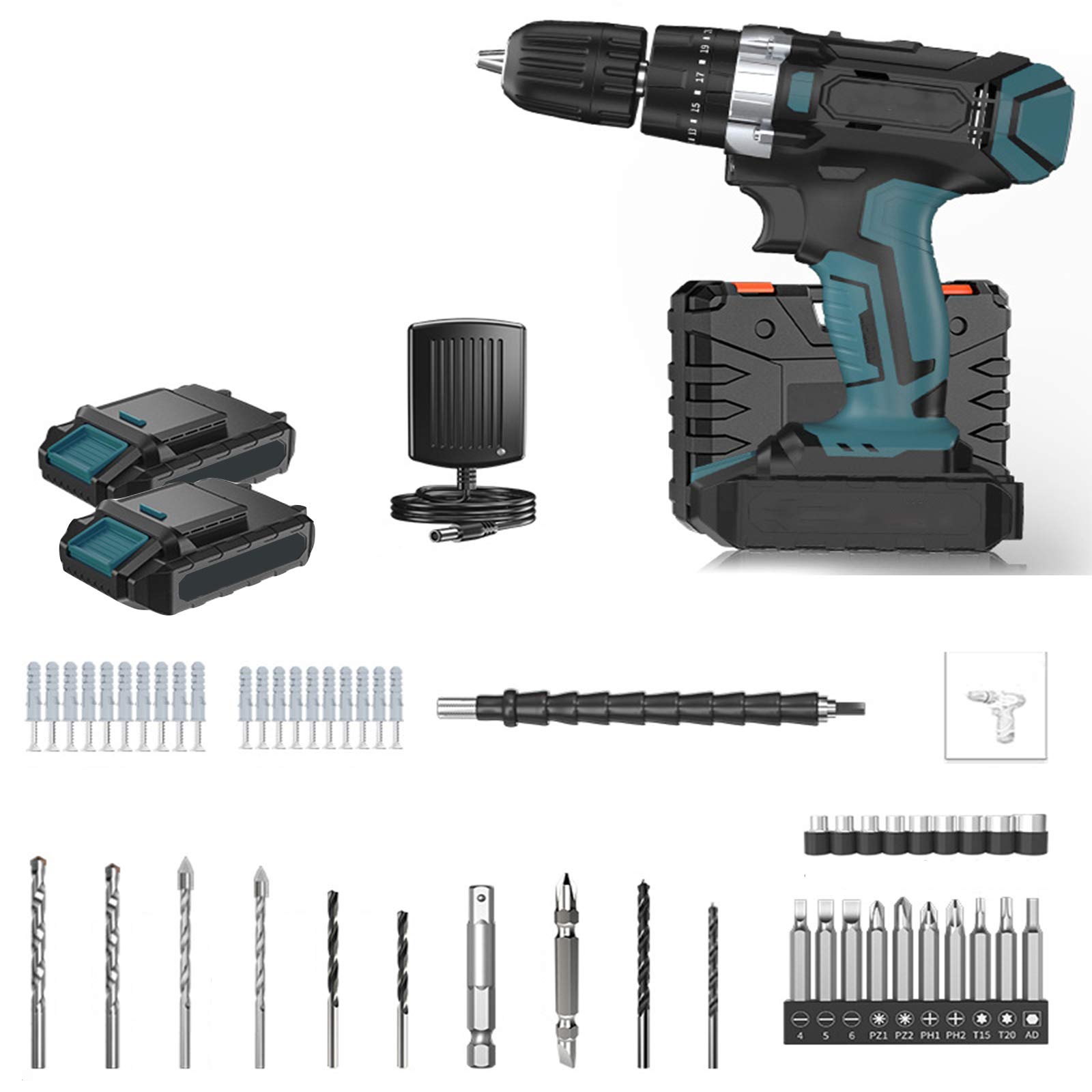Taladro Percutor Motor Brushless con 2 velocidades 25V+2 baterías de iones de litio+25 Nm+10 mm Mandril Portabrocas Automatico,Taladro con Percusión