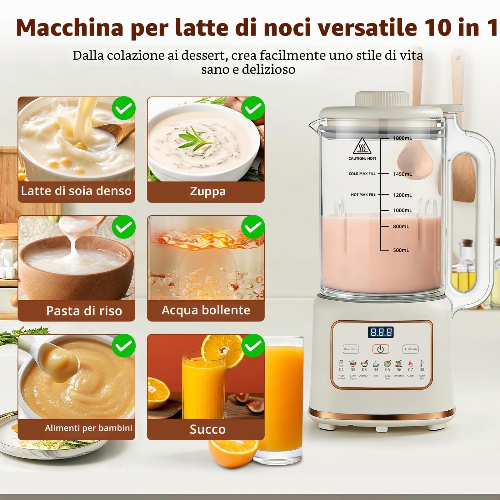 Macchina latte vegetale 1500ml, Latte di soia 8 funzioni, Autopulizia | Macchina automatica per latte di noci e mandorle, con autopulizia, ideale per soia, avena e bevande vegetali fatte in casa