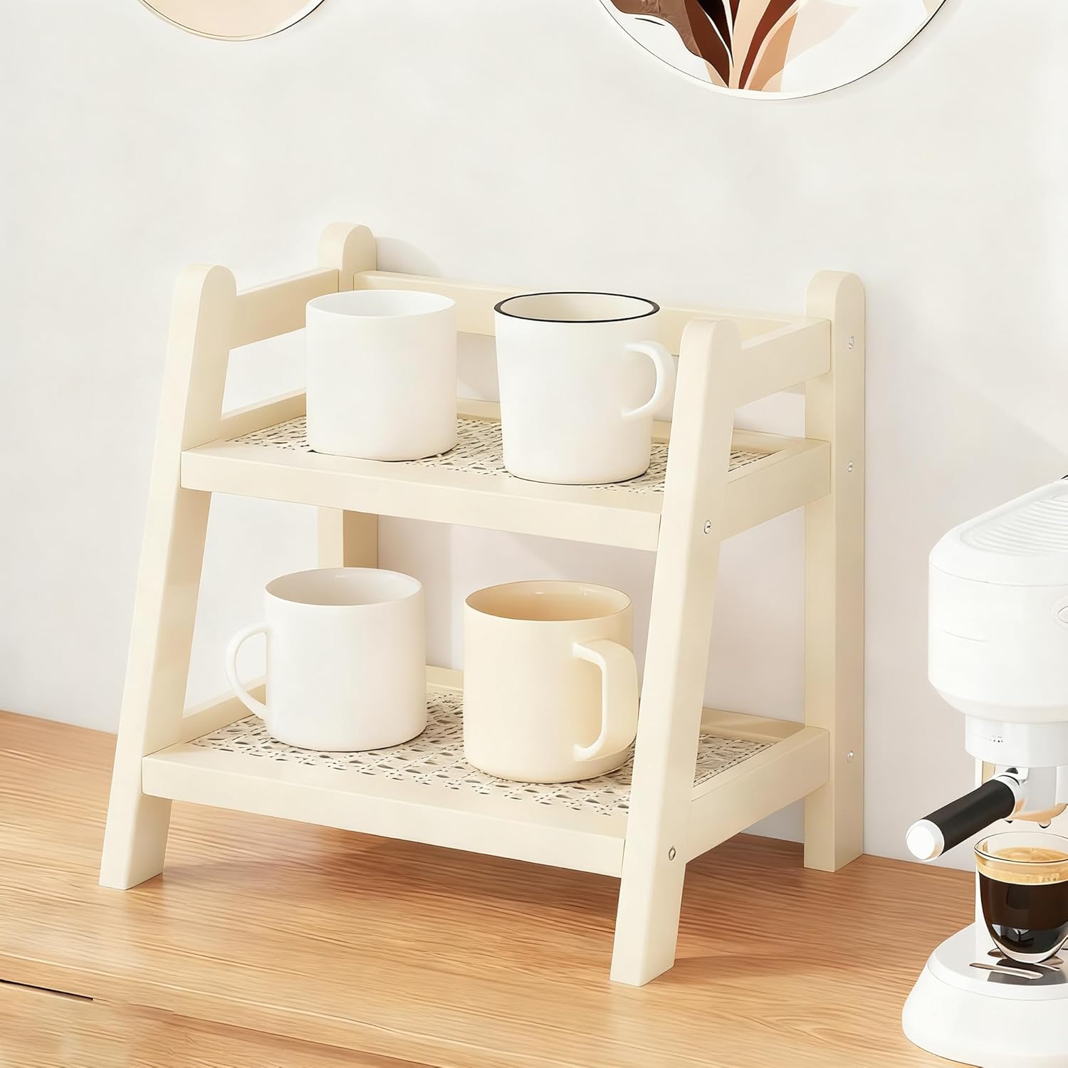2 Tier Coffee Station Organizer Bamboo Coffee Bar Organizer Mug Holder Countertop Wicker Look Kitchen Counter Shelves for Tea Coffee Bar Accessories for Pantry Cabinet, Cream White