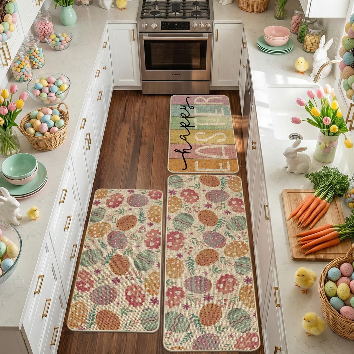 Artoid Mode Colorful Eggs Happy Easter Kitchen Mats Set of 3, Spring Home Decor Low-Profile Kitchen Rugs for Floor - 17"x29"+17"x36"+17"x47"