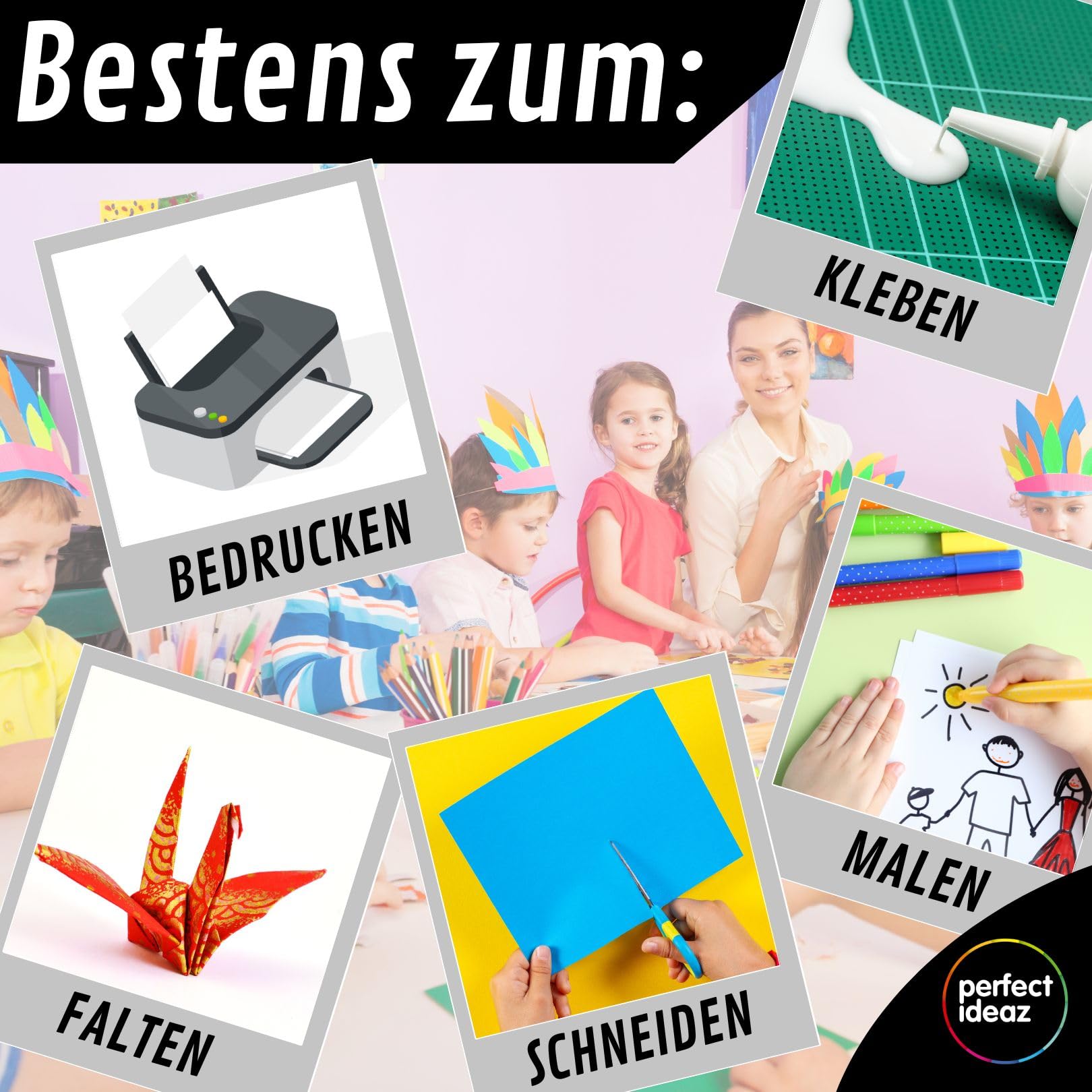 perfect ideaz - Tonpapier DIN A2 – 100 Blatt, 10 kräftige Farben, 130 g/m², voll durchgefärbt & lichtbeständig, Blauer Engel zertifiziert, Made in Germany – Bastelkarton