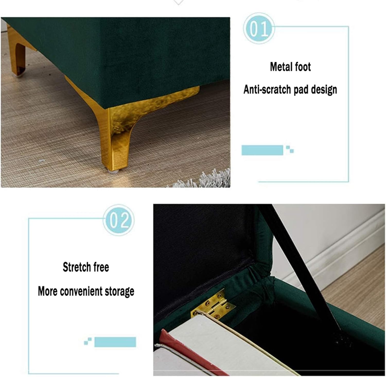 Ottoman Footstool Toy Storage Box Flannel Shoe Changing Stool with Sponge Cushion Bedroom Bed end Stool Wrought Iron Decoration 100 * 45 * 40cm Ottomans (Color : Green)