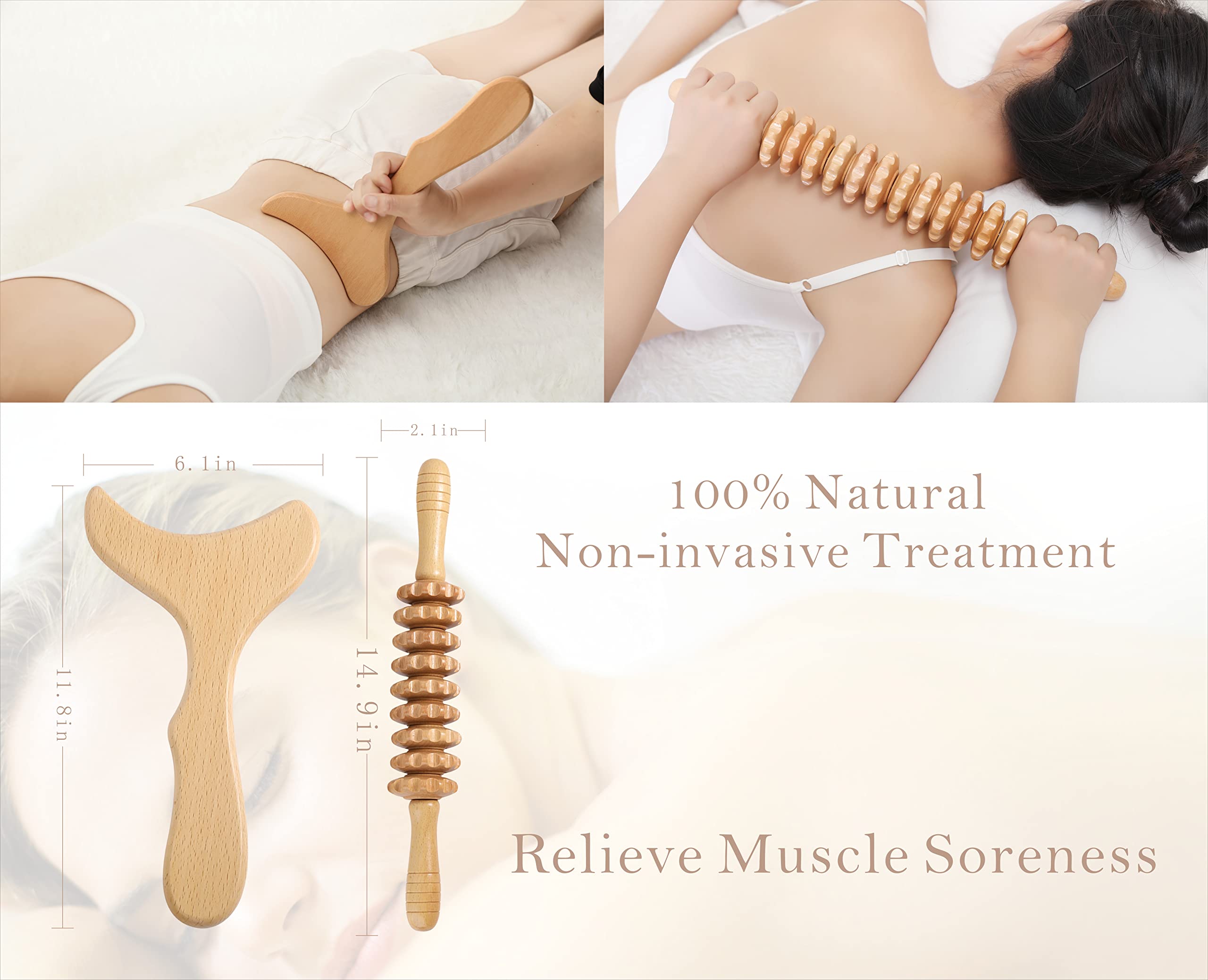 Herramientas de masaje de terapia de madera, kit de maderoterapia para esculpir el cuerpo para drenaje linfático y anticelulitis. Rodillo masajeador de madera para alivio del dolor muscular y espalda