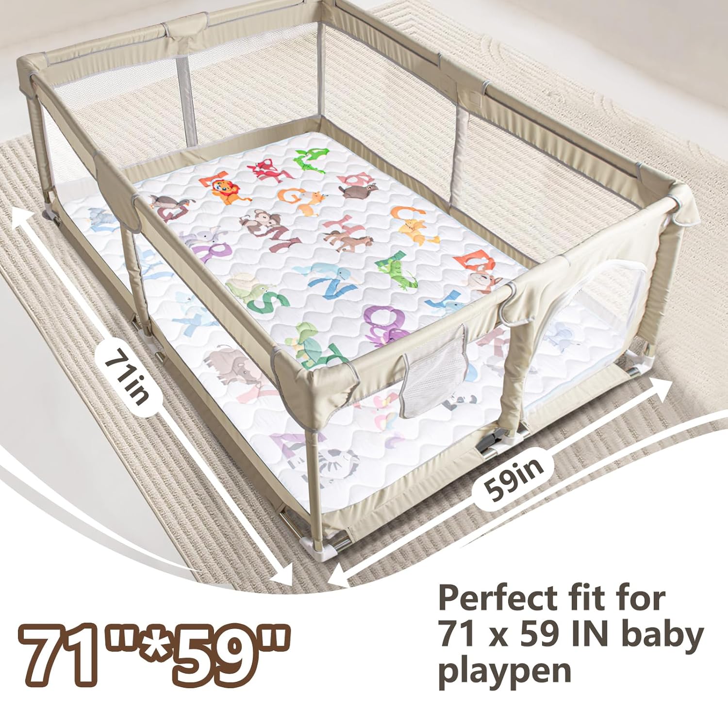 Baby Play Mats for Floor, 71”x59” Upgraded Thickness & Larger Super Soft Playmat for Babies and Toddlers, Foldable Washable, Upgrade Anti-Slip Crawling Mat for Playpen(Animal Alphabets)