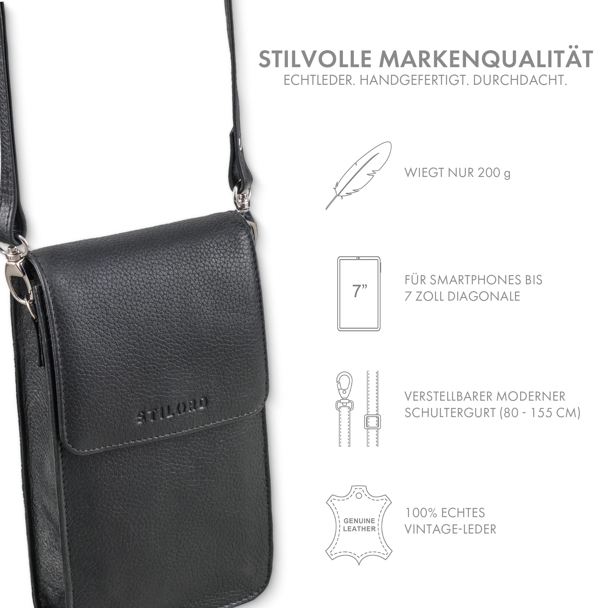 STILORD Imola Echtleder Handytasche 7 Zoll Damen Herren Vintage Umhängetasche Leder Crossbody Bag schwarz