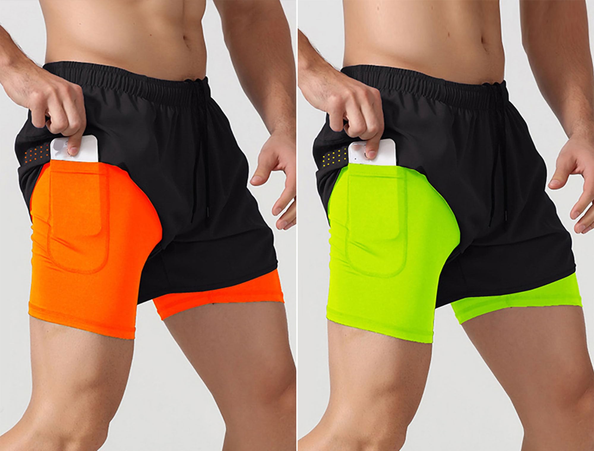 Mężczyźni sportowe bieganie szorty, 2 pakiety kolana długość 2-w-1 podwójna warstwa wyłożone trening rowerowe szorty z kieszeniami telefonu zamku,Orange/Neon Green-XXL